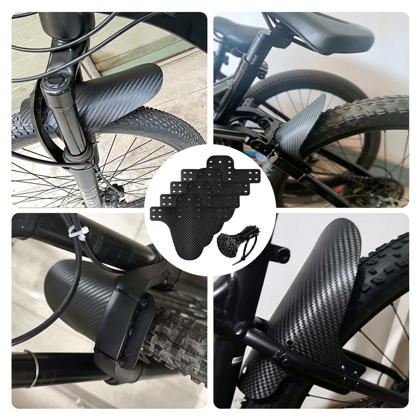 4 sztuki błotników MTB z włókna węglowego, uniwersalne, ochrona przed pryskaniem z przodu, z 50 krawatami, do rowerów górskich 20/24/26/27,5/29" i rowerów typu fat bike