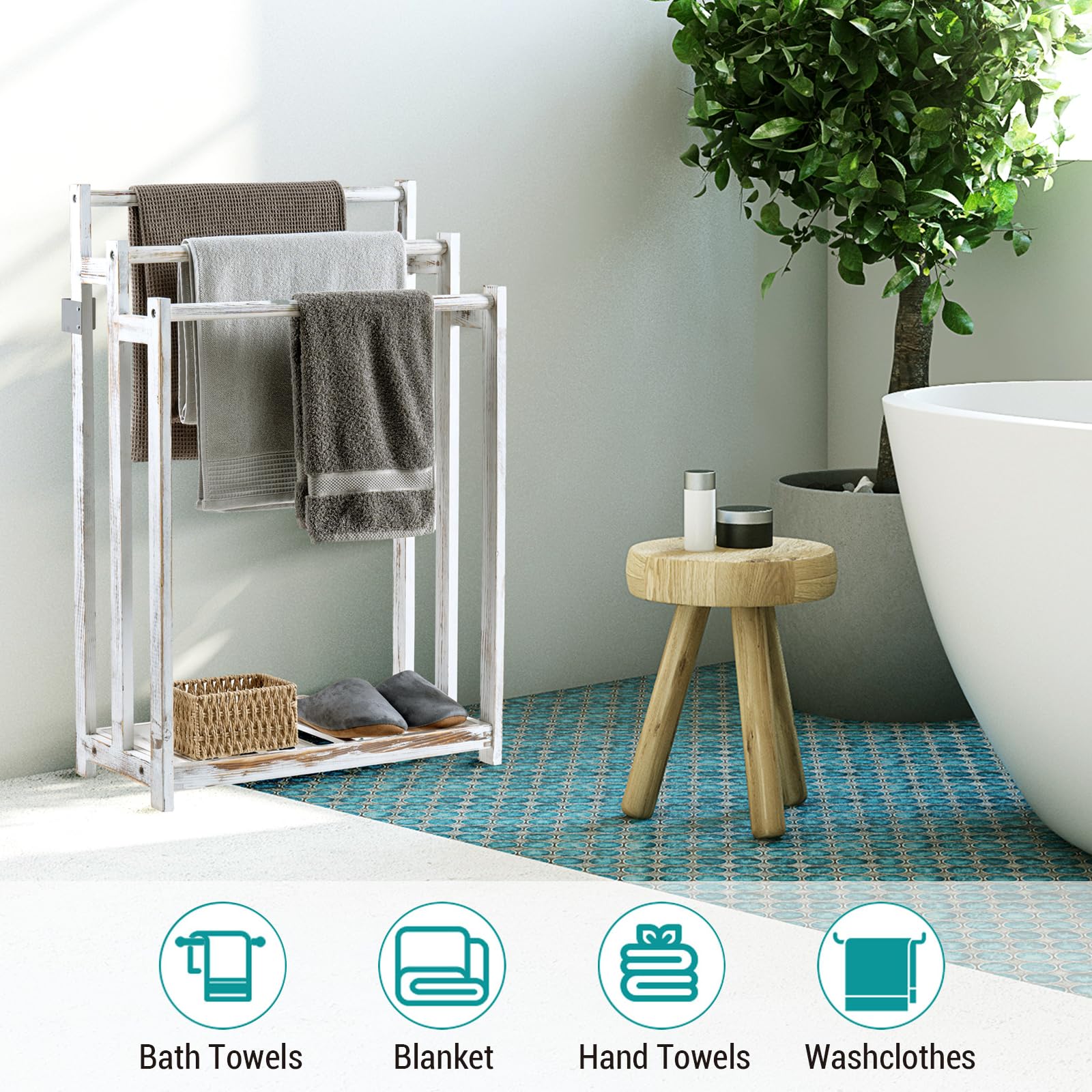 ホワイト木製タオルラック Amazon.co.jp: MyGift シャビー ホワイトウォッシュ 木製 自立式 3バー