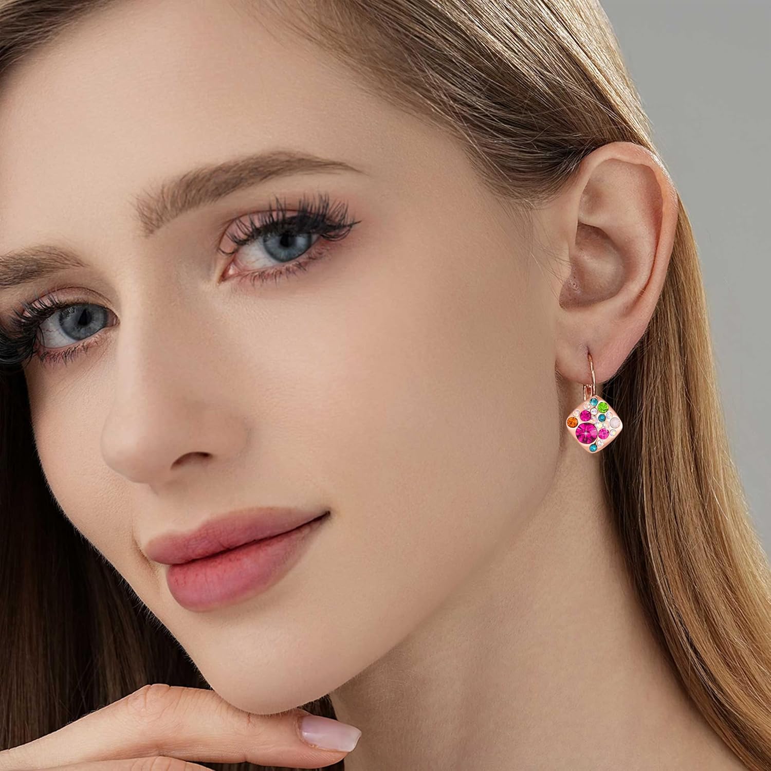 Multicolored Austrian Crystal Square Drop Leverback Earrings for Women 14K Gold Plated Huggie Earrings Hypoallergenic Jewelry