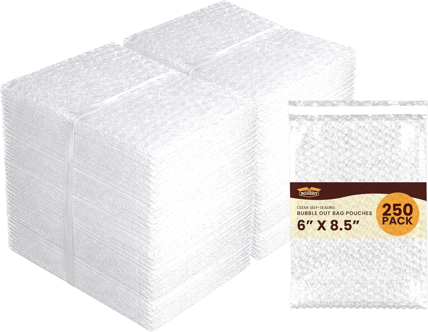 The Boxery 6x8.5" Clear Self-Sealing Bubble Out Bag Pouches -250 Pack- Bubble Cushion Wrap Bags for Packing, Storage, Moving, and Shipping fragile items