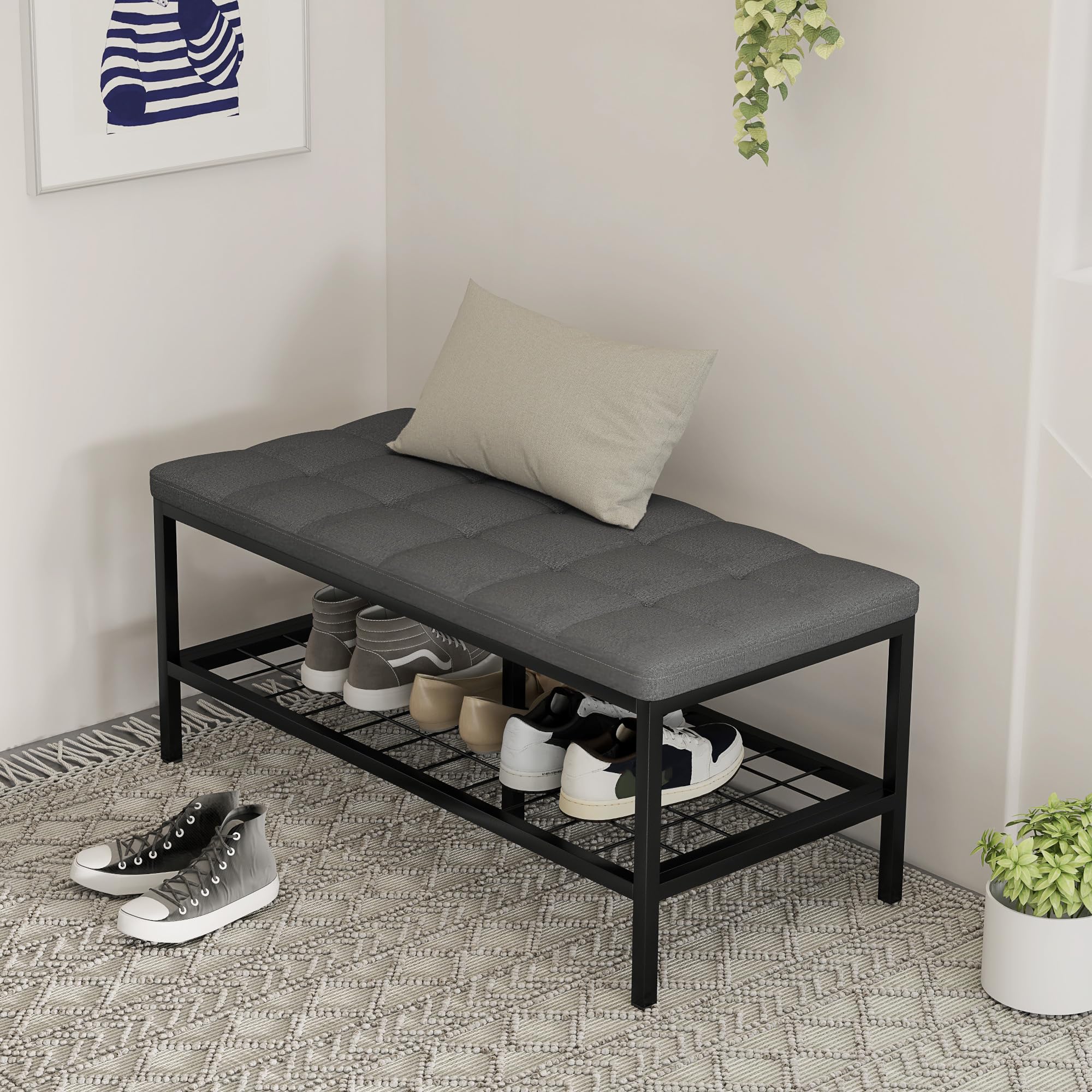 HOMCOM Schuhbank mit gepolstertem Kissen und Aufbewahrungsregal 90 x 41 x 40 cm grau