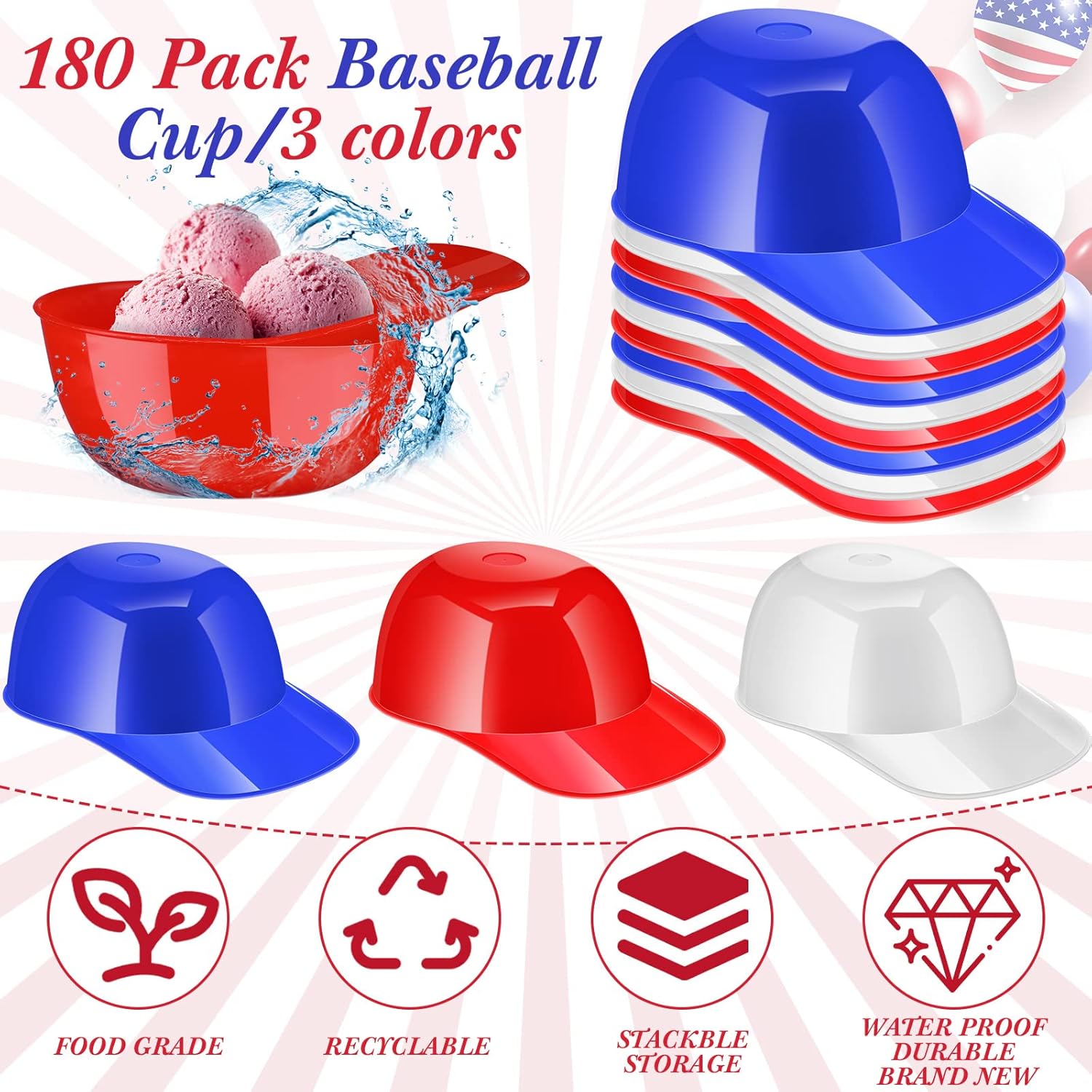 Roshtia 180 Pcs Baseball Helmet Ice Cream Bowl Bulk, 8 oz Mini Baseball Cap Dessert Bowls Plastic Small Sundae Disposable Snack Helmets Cups for Birthday Party Favor Supplies, Red, Dark Blue, White