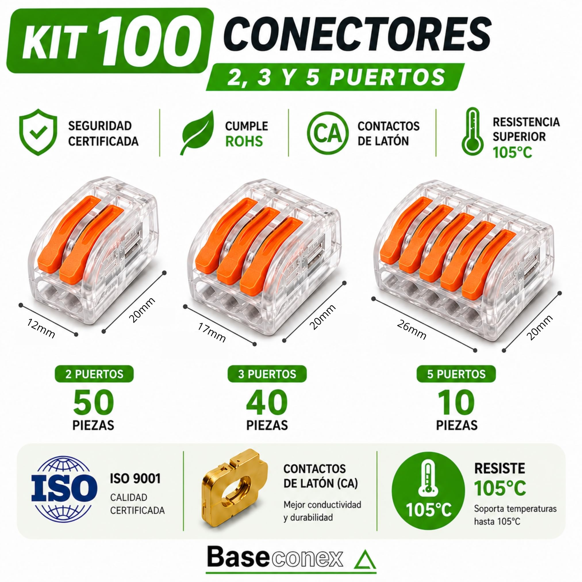 100 Conectores Rápidos de Cable Eléctrico con Palanca, Terminales Transparentes y Reutilizables para Empalme de Cobre y Aluminio, 2/3/5 Vías, Instalaciones Seguras en Hogar y Oficina