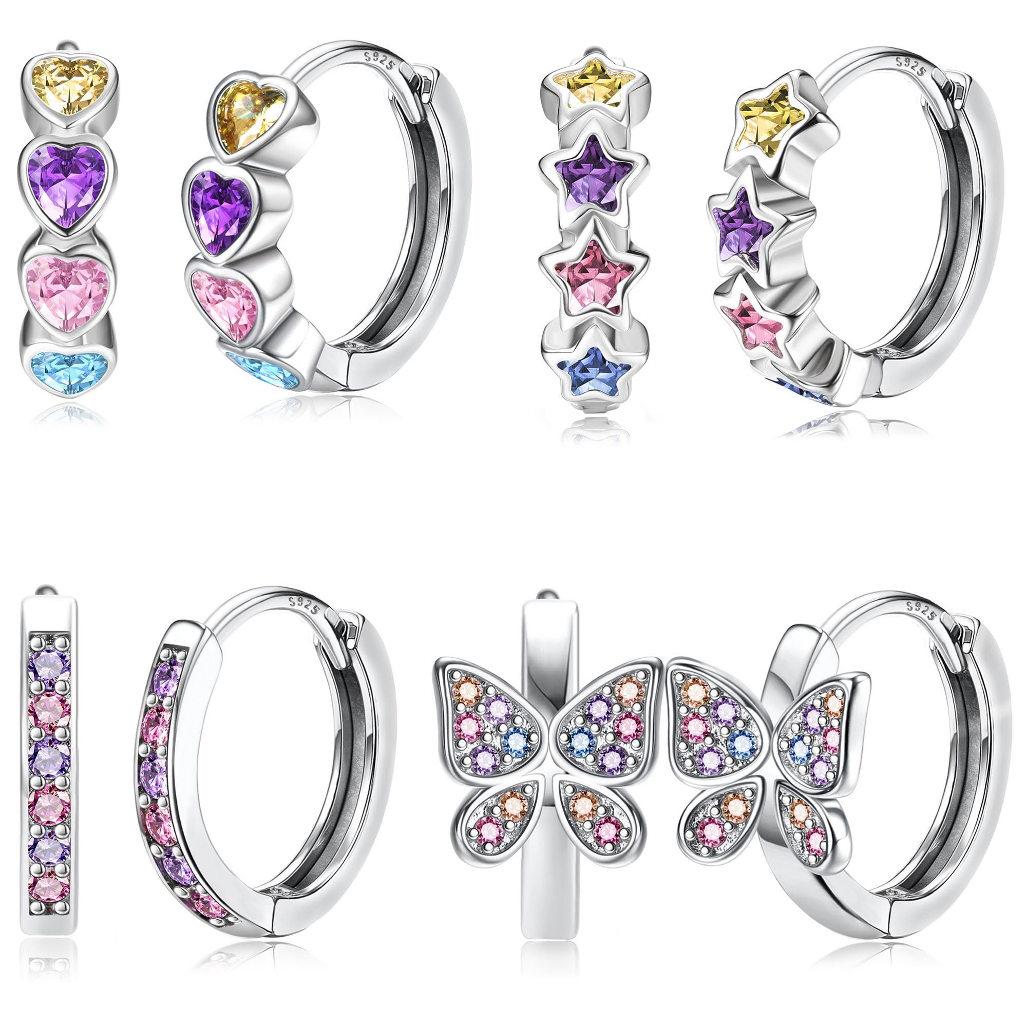 JeweBella 4Pares Pequeños Pendientes de Aro de Plata de Ley 925 Agujas para Mujer Niñas Hipoalergénico Pendientes de Aro Zirconia Flores Corazón Mariposa Juego de Pendientes de Aro Huggie Cartílago