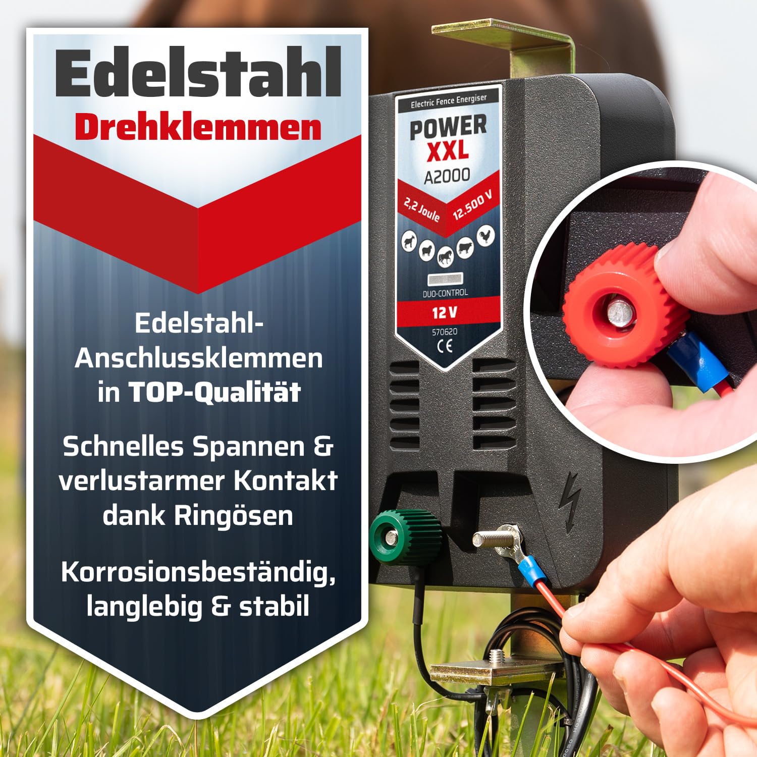 A2000 12V Set Elektrozaungerät inklusive Zubehör Weidezaungerät für Lange Einzäunungen, Weidezaun Paddock Gehege 12.500 Volt 2,2 Joule