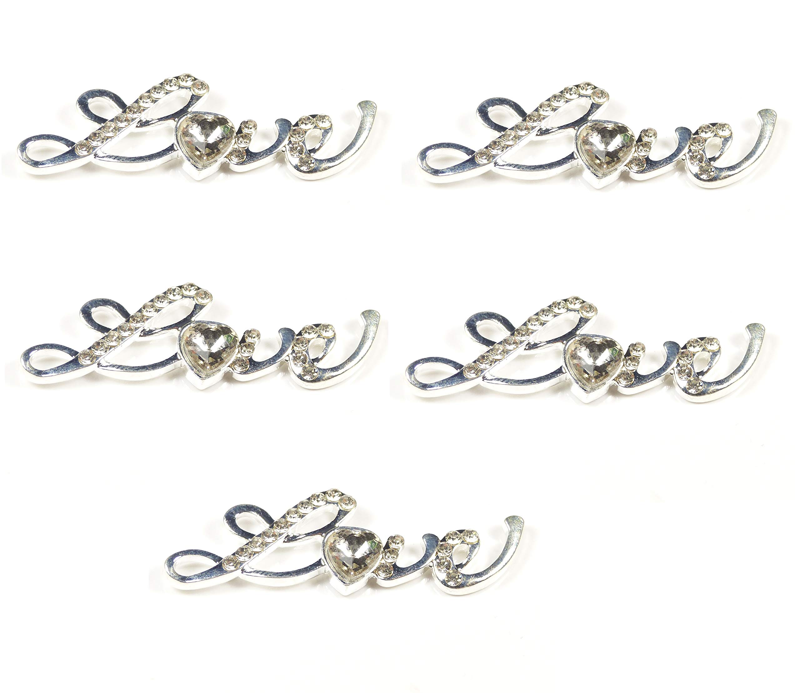 Syntego 5pcs Silver Love Embellishment with Diamante Rhinestones and Heart Diamante Rhinestone