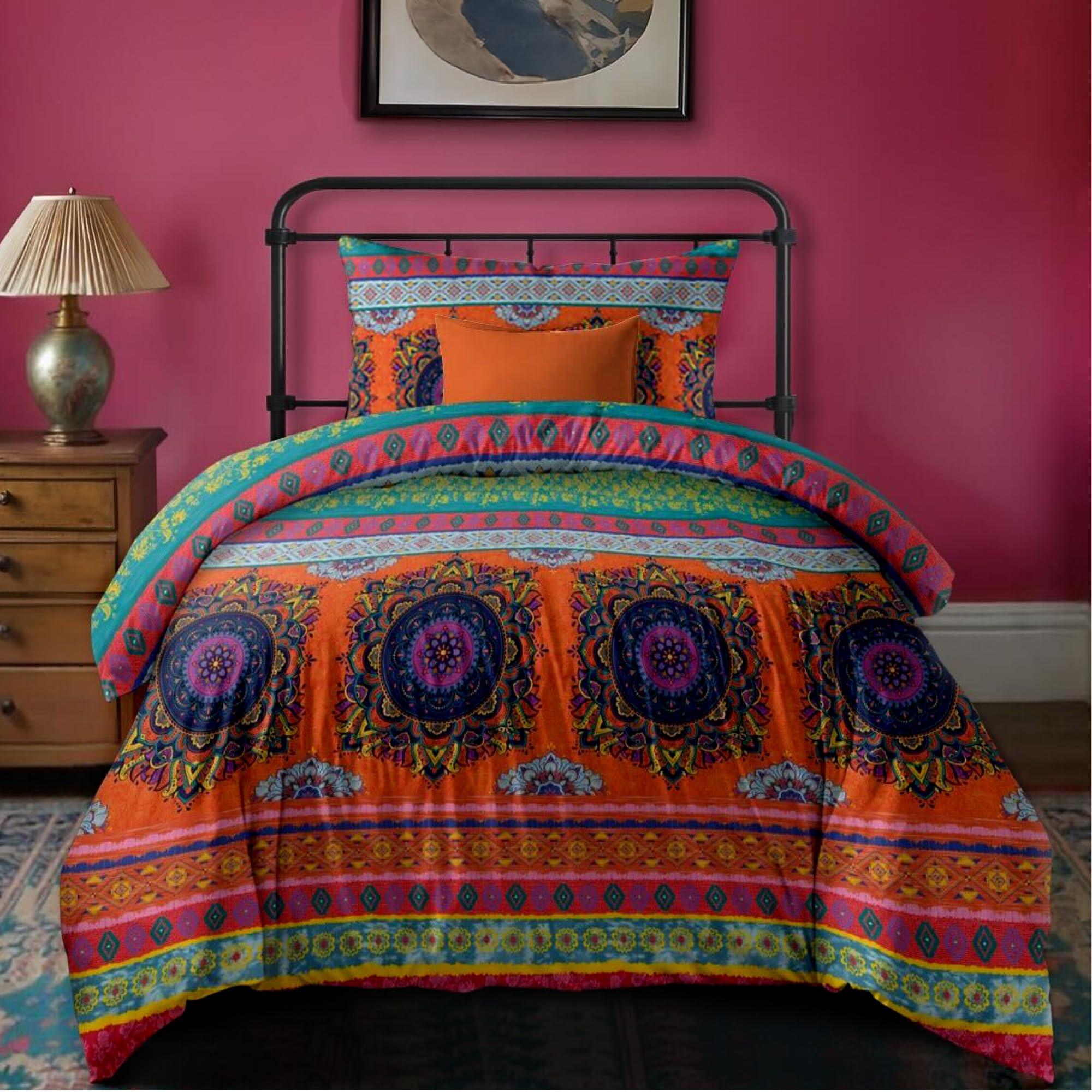 Dreamzie 2 Funda Nordicas Cama 90 Diseño Boho Indio Mandala Rosa Naranja con 2 Funda Almohada 80x80 cm - Diseño Boho Indio Mandala Rosa Naranja Funda Nordicas 135x200 de 100% Microfibra - Oeko Tex OEKO-TEX STANDARD 100