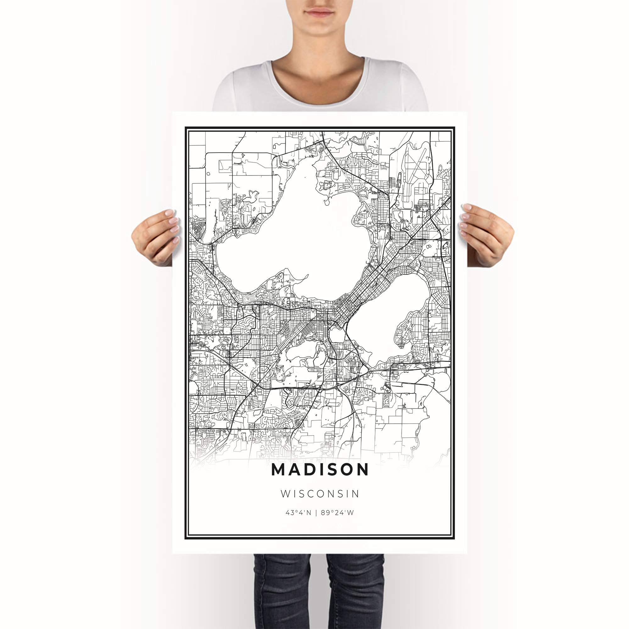 Madson W Map Prnt, Wsconsn USA Map Art Poster, Monona Mendota Cty