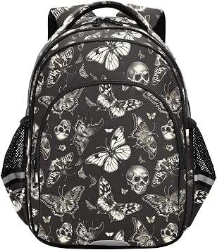 Mnsruu Laptop Backpack with Chest Strap, Gothic Skull Butterfly School Backpack, Travel Hiking Bag for Boys Girls Teen College Students Adult, Rucksack Knapsack, M