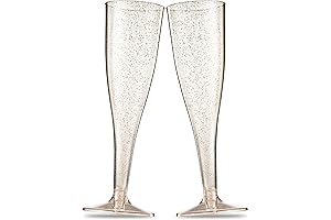 50 Disposable Champagne Flutes - Gold Glitter Plastic Champagne Glasses
