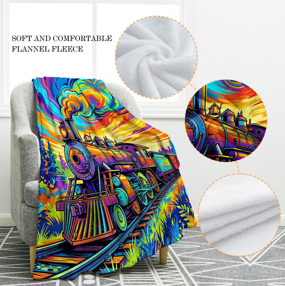 Jekeno Train Blanket 50x60 Inch Trippy Steam Train Psychedelic Locomotive Art Soft Plush Flannel Gift for Train Lovers Men Kids for Bed Sofa Couch Office