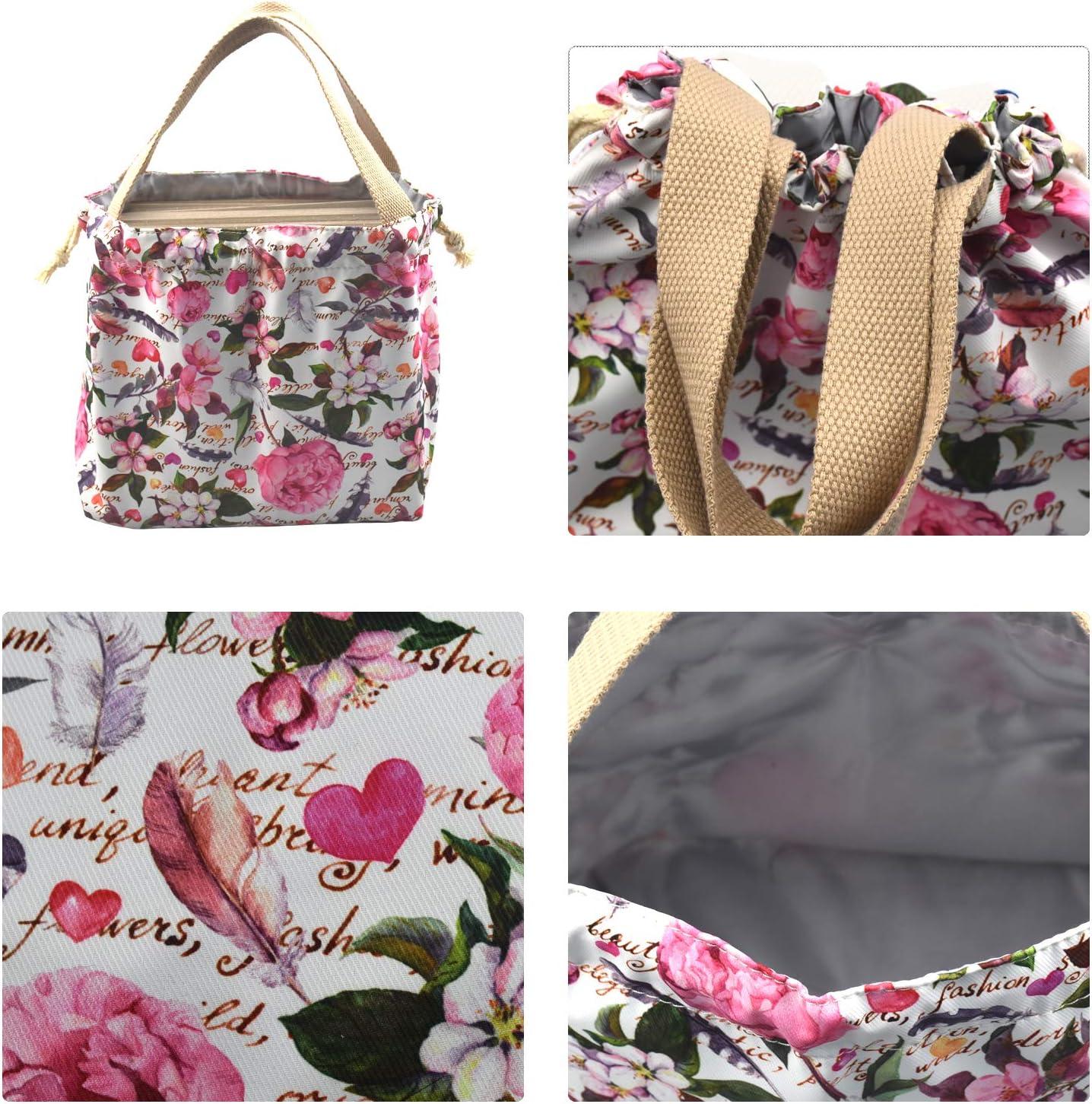Mini Lunch Tote Pouch Reusable Small Cute Lunch Bag with Drawstring Suitable for Girls Women Flower Pink image 4