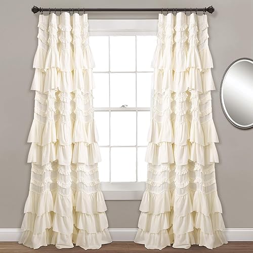 Lush Decor Kemmy Curtain | Ruffled, Textured Shabby Chic Style Window Panel for Living, Dining Room, Bedroom (Single), 84” x 52”, Blush - Ivory