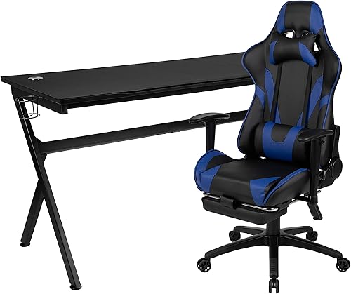 Miniatura 478 de Flash Furniture Juego de escritorio para juegos negro y silla de carreras blanco/negro con soporte para tazas, gancho para auriculares y soporte