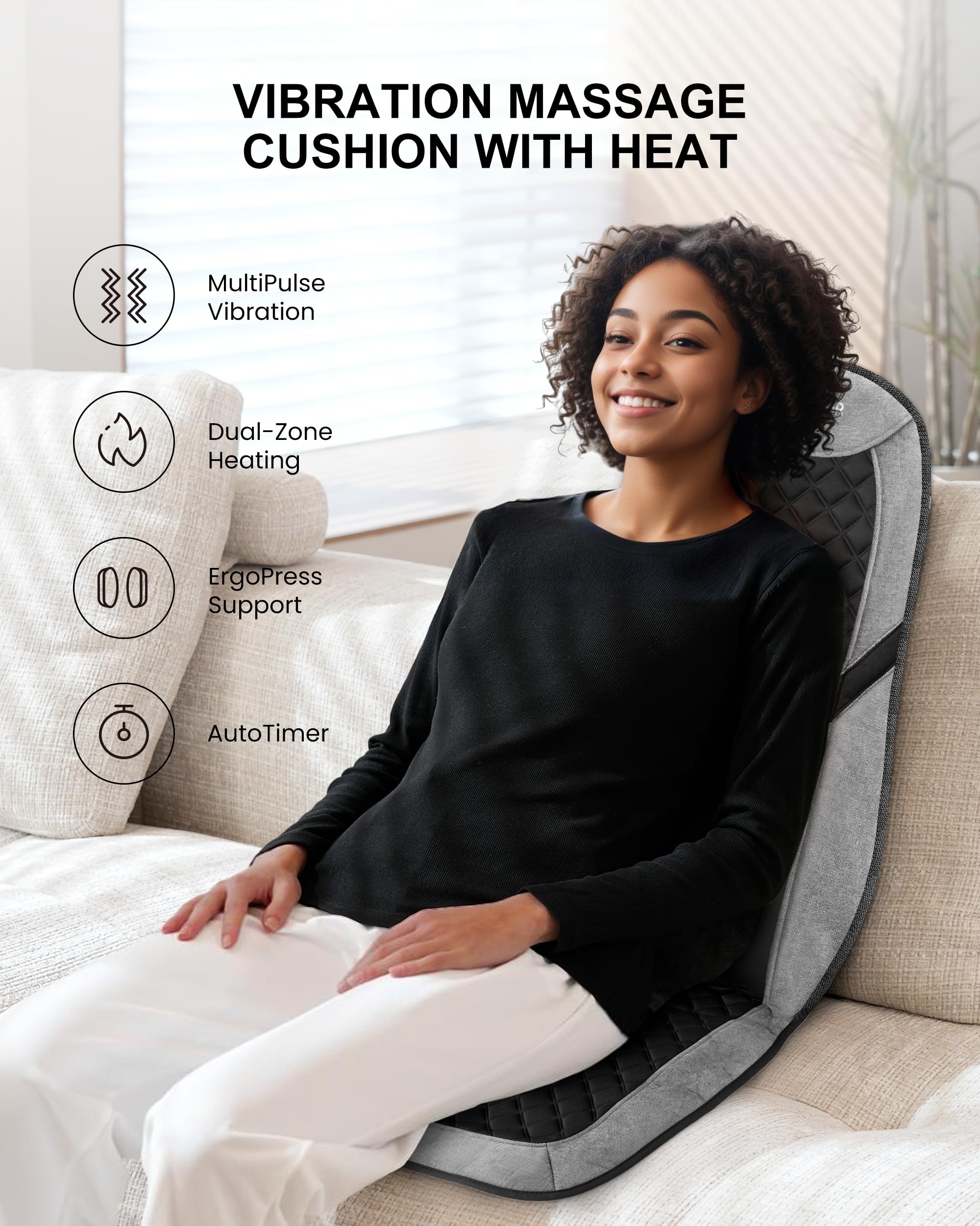 COMFIER Masajeador de espalda para aliviar el dolor, almohadilla de silla de masaje con soporte lumbar ajustable, cojín de asiento de masaje con 10 motores de vibración y 5 modos, masajeador de silla