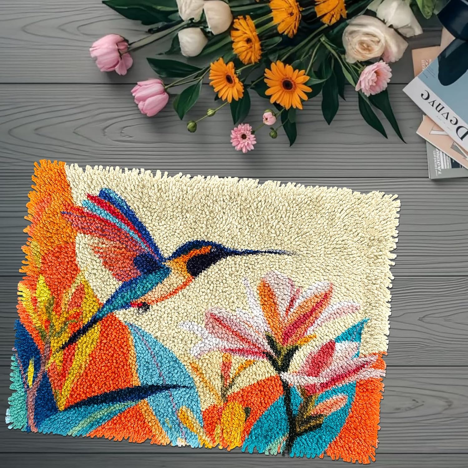 DIY Rug Latch Hook Kits Hummingbird Flying on Flowers Stamped Non-Slip Mat Crochet Yarn Hook and Latch Emboridery Tapestry for Home Floor Decoration Pet Warm Cushion 52x38cm(9)