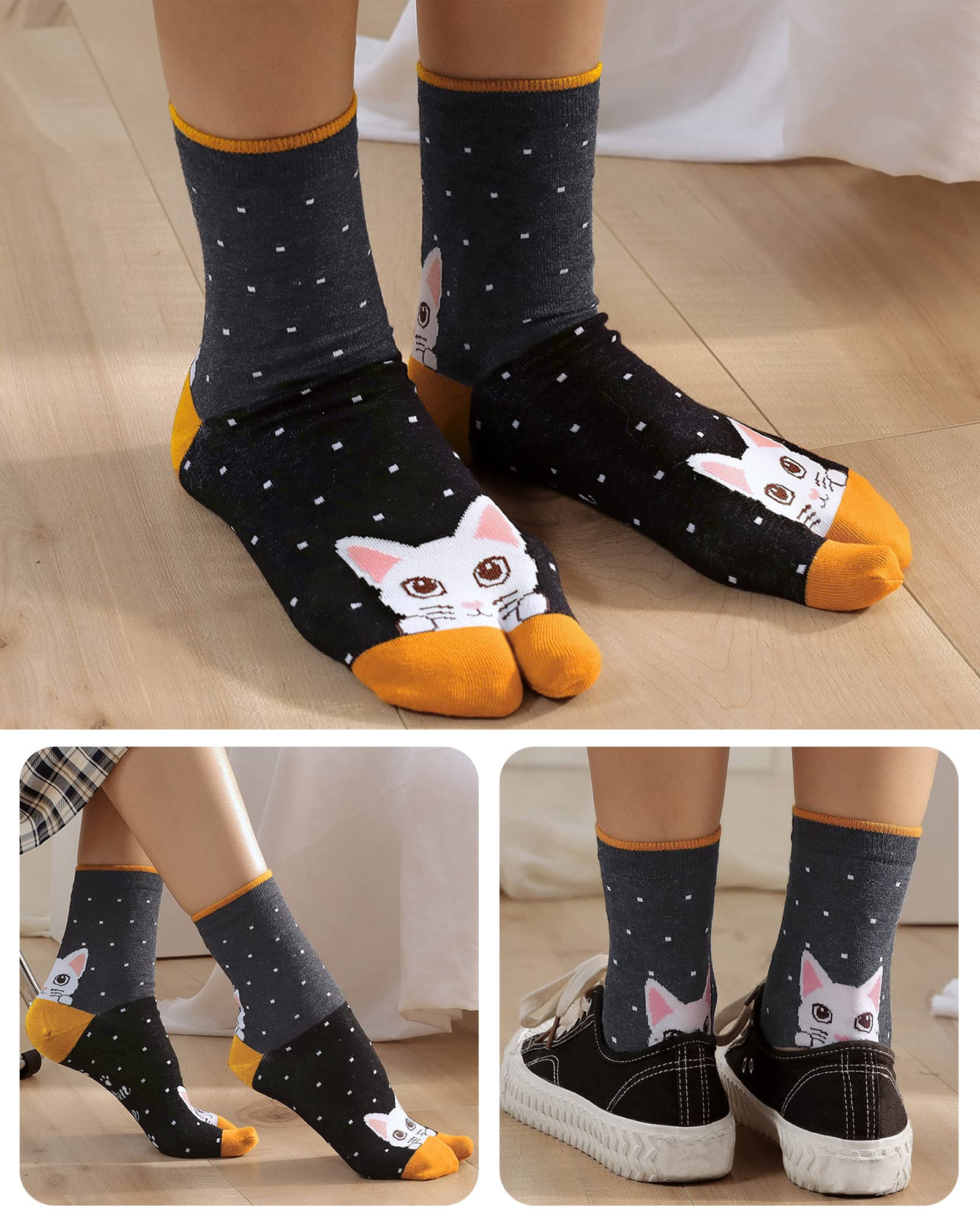 Tabi Skarpety damskie, japonki, bawełniane, krótkie, z dwoma palcami, styl japoński, kolorowy, zabawny wzór sakura, rozmiar 35-41, 4 pary, 4 pary kotek