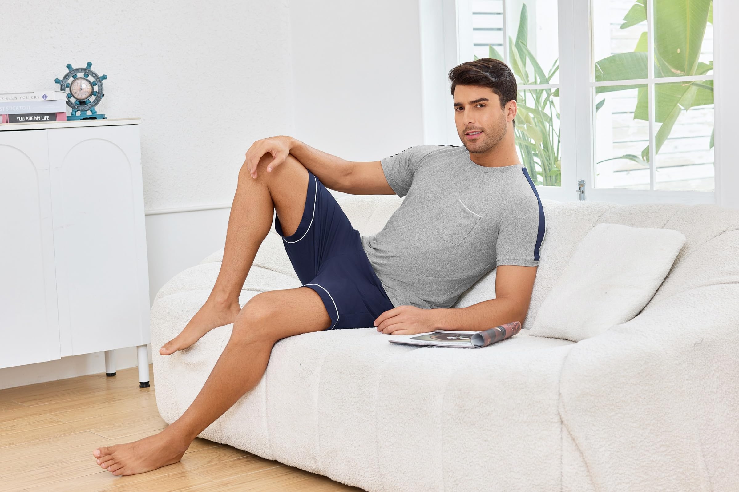 Schlafanzug Herren Kurz Baumwolle Zweiteiliger Pyjama Kurzarm mit Rundhalsausschnitt Schlafanzüge Männer in Kontrastfarbe Nachtwäsche Loungewear Sommer