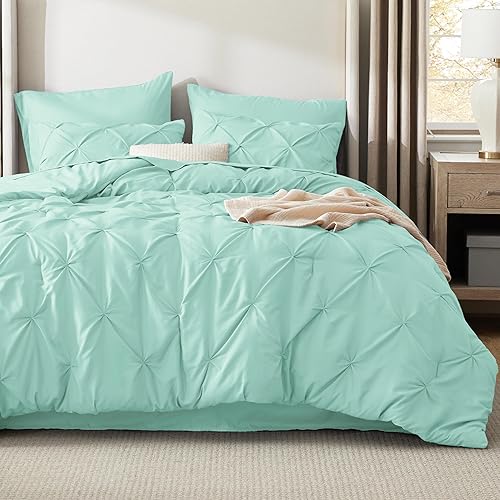 Miniatura 6 de Bedsure - Juego de ropa de cama tamaño king de 7 piezas, con pliegues, juego de cama en una bolsa en color verde menta con edredón, sábanas, fundas