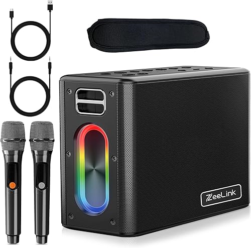 Zeelink Máquina de karaoke con dos micrófonos inalámbricos, potente altavoz Bluetooth portátil de 150 W para fiesta, 24 horas de reproducción con