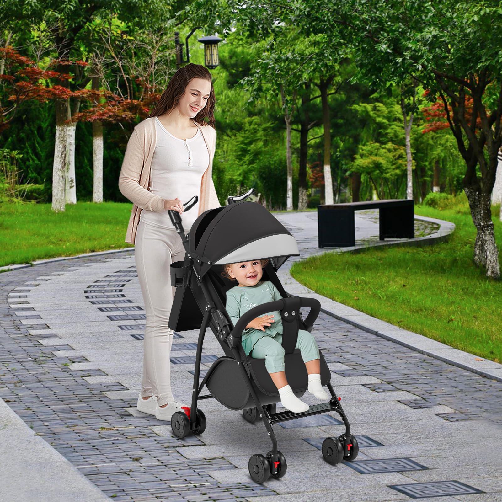 Poussette pliable multi-positions compacte légère siège réglable grand panier rangement matelas coton 0-4 ans noir