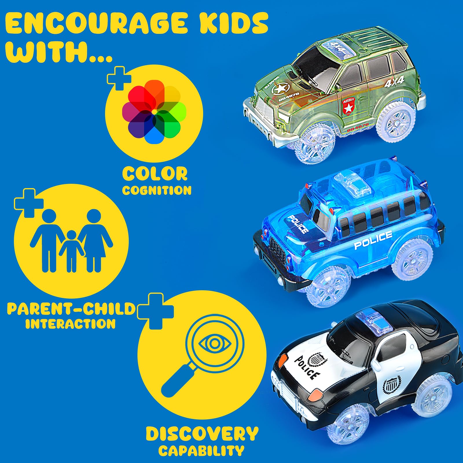 Lot de 4 pistes Cars Magic Race - Avec 5 lumières LED clignotantes et autocollants DIY - Cadeau pour enfants de 3, 4, 5, 6, 7, 8 ans Lot de 4 pistes Cars Magic Race - Avec 5 lumières LED clignotantes et autocollants DIY - Cadeau pour enfants de 3, 4, 5, 6, 7, 8 ans