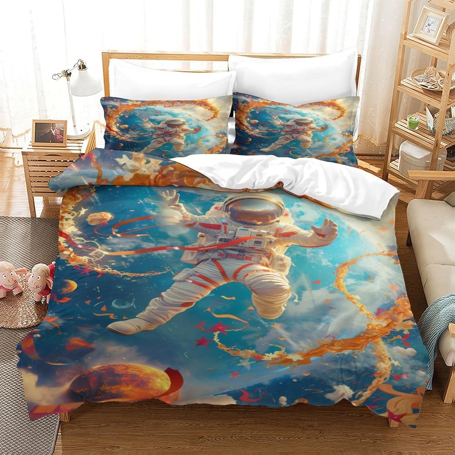 Parure de couette astronaute 3D microfibre 200x200 cm avec fermeture éclair