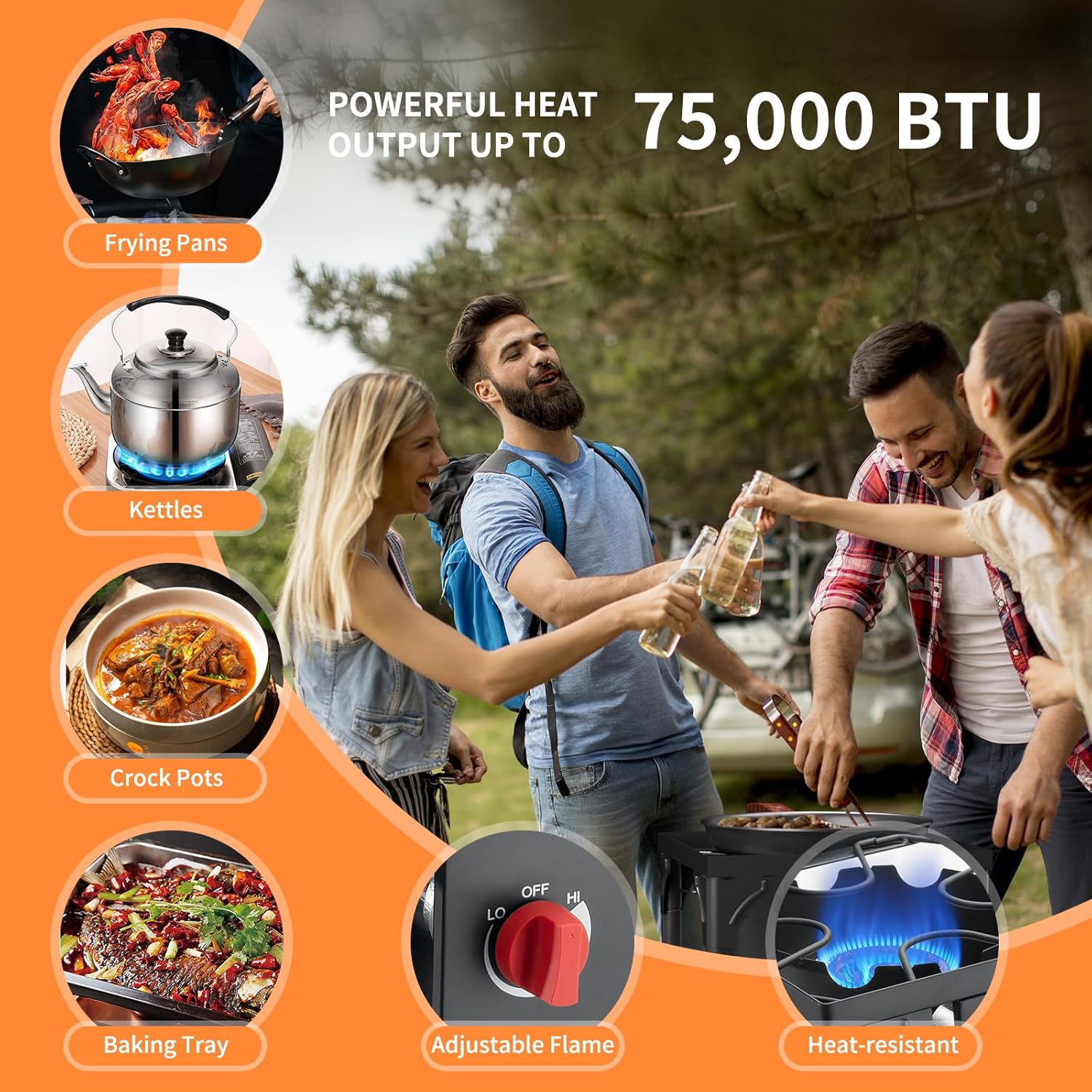 Propane Burner, 75,000 BTU High Pressure Single Gas Stove with 0-20 PSI Adjustable Regulator, Camping Stove with 8 Detachable Legs for Camping, Backyard, Tailgating, Outdoor Cooking