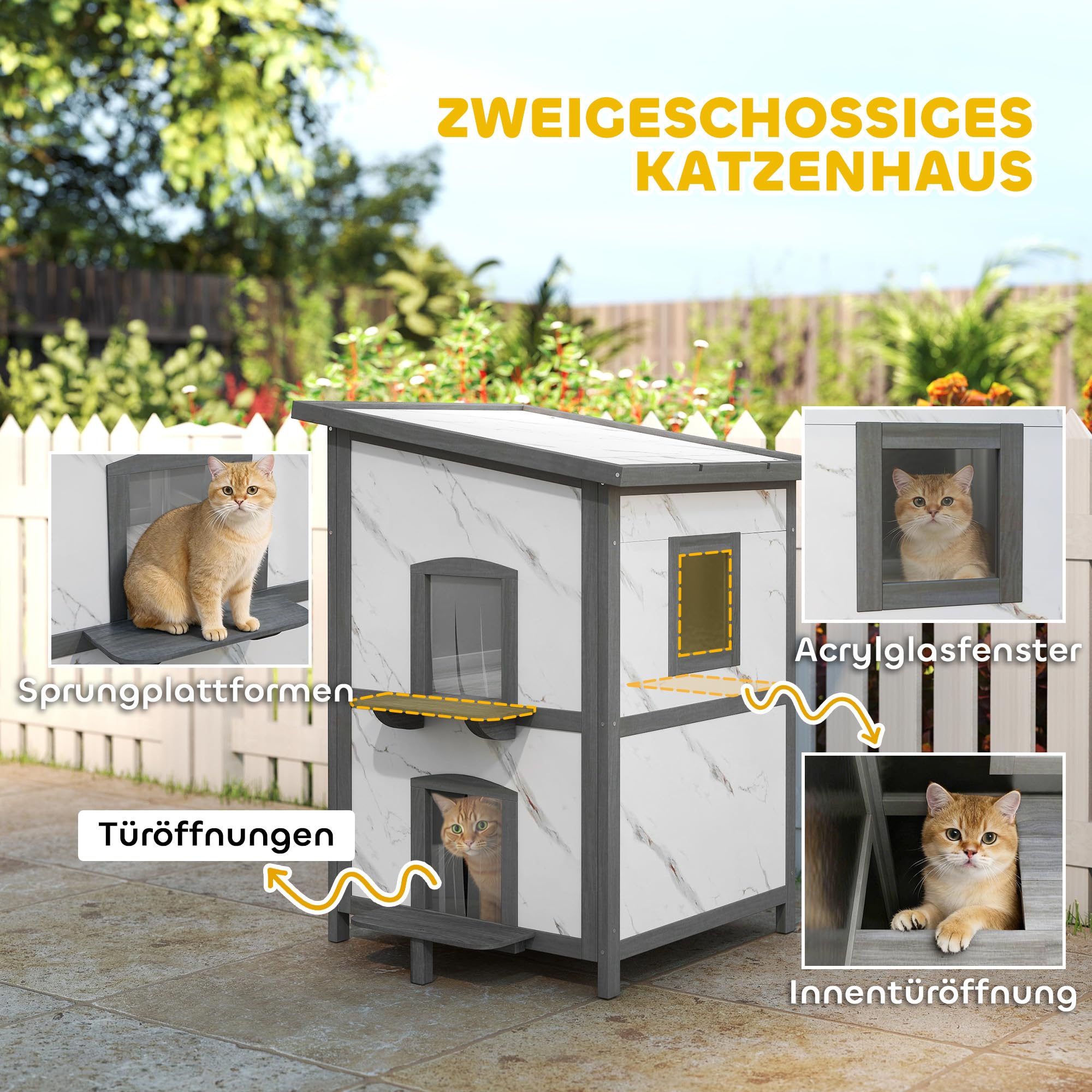 Casa de Madera para Gatos PawHut, casa para Gatos aislada de 2 Pisos para Exteriores con Ventana, Varias Puertas, Techo Repelente al Agua, Cueva para Gatos Caja para Gatos para Exteriores, 60 x 60 x