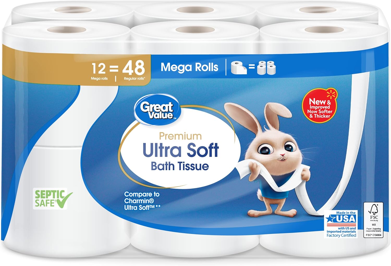 Great Value Soft & Strong Premium Toilet Paper, 12 Mega