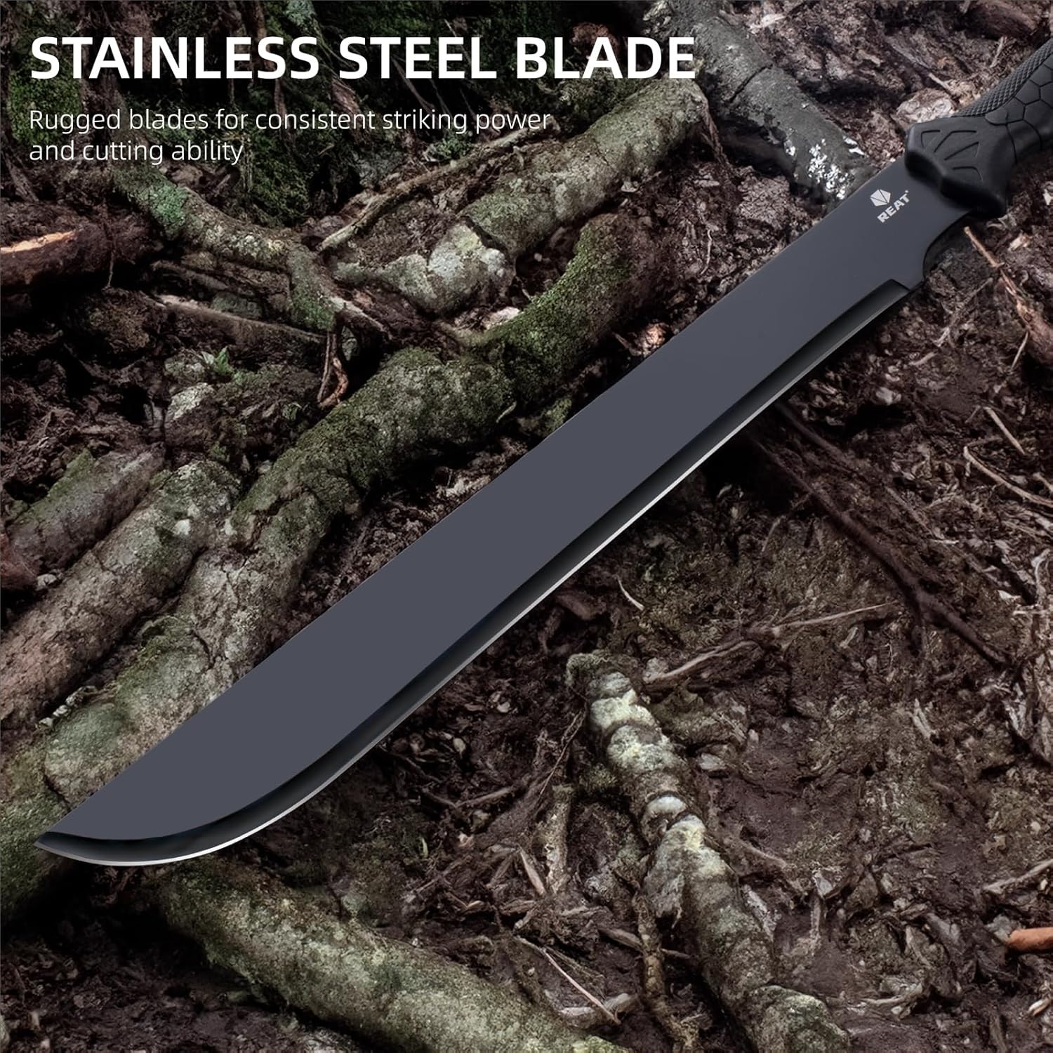 REAT Machete Heavy Duty with Sheath,24-inch Full Tang 420 Stainless Steel Blade,Non-silp Rubber Handle for Yard Work, Cutting Trees,Camping,Outdoor (Black)