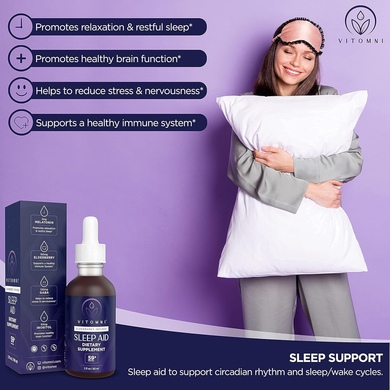 Vitomni - Elderberry Infused Liquid Sleep Aid | 3MG Melatonin, GABA & Inositol | 59 Servings | Natural Berry Flavor : Health & Household