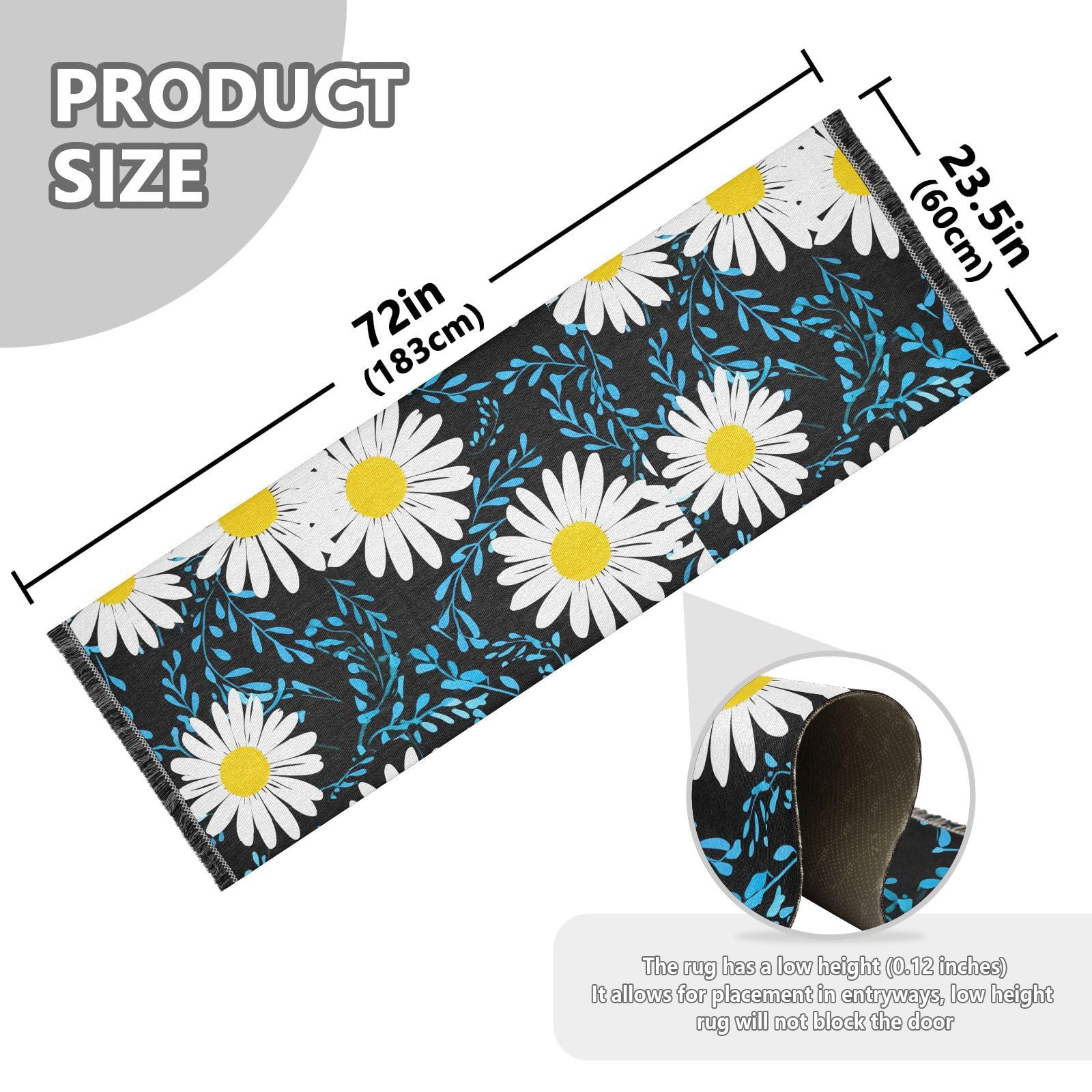 White Daisy Floral Black Runner Rug for Hallways Kitchen Rugs Washable Rug for Lanundry Room Entryway 72 * 23.5 in