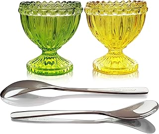 NobleEgg Egg Cups for Soft Boiled Eggs | Green Yellow Glass | 2 Egg Spoons | Set for 2