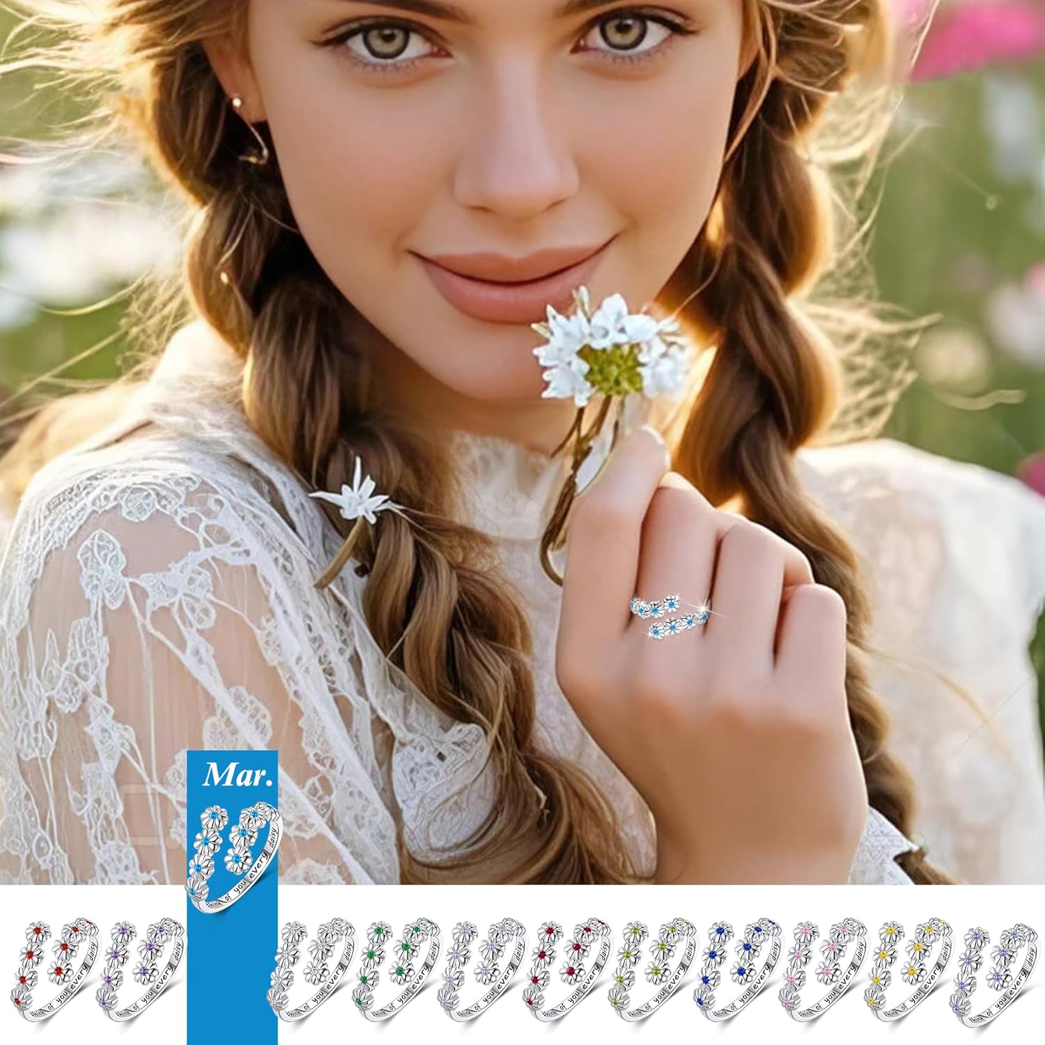 LYTTMAB Birthstone Ring Daisy Ring Sunflower Ring For Women, Sterling S925 Silver Birth Flower Ring, I Think Of You Every Daisy Ring, Sunshine Ring Spoon Ring, Open Ring, Adjustable Ring - Image 5