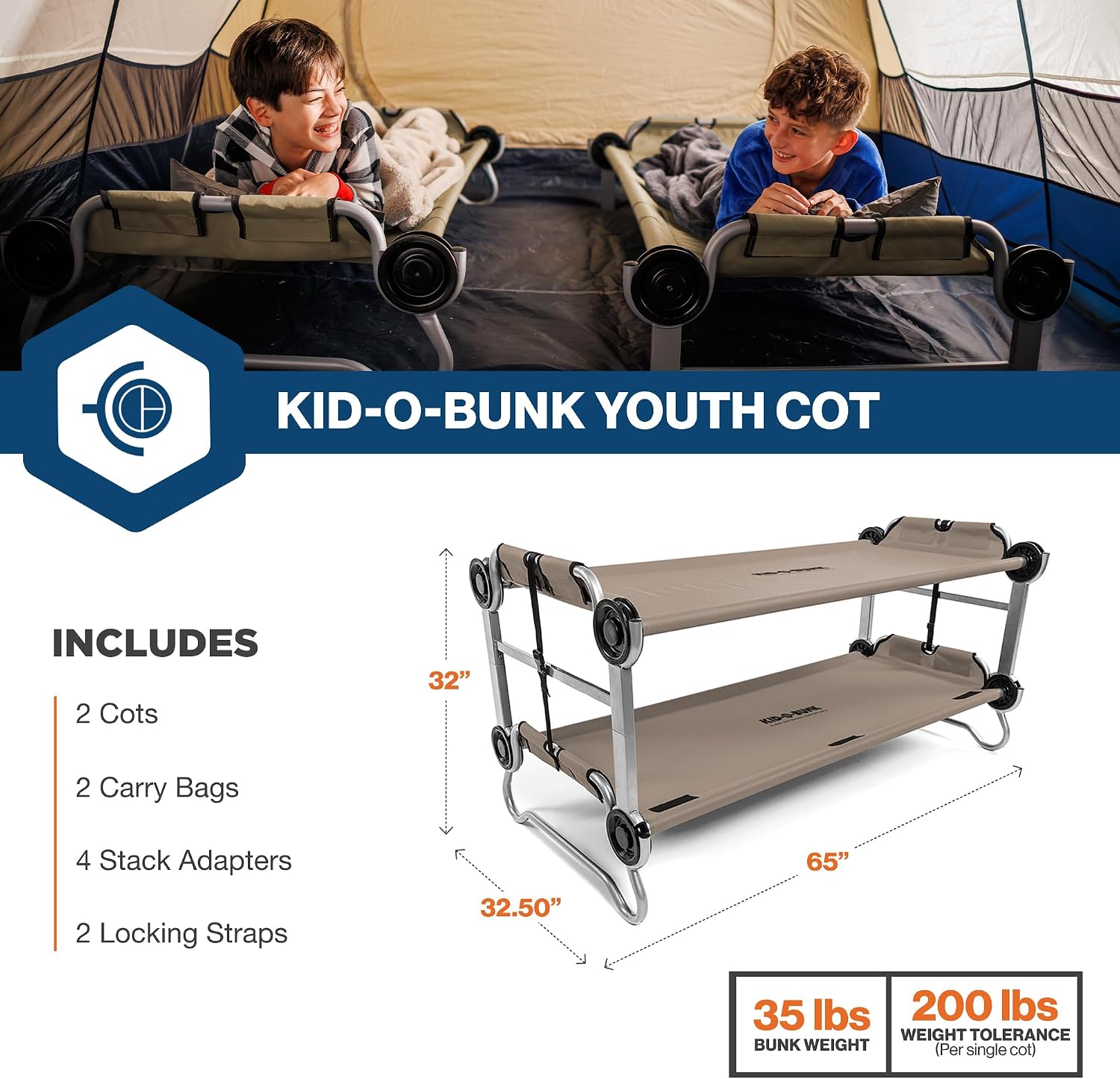 Disc-O-Bed Youth Double Cot Kid-O-Bunk w/ 200 Pound Capacity & Carry Bags