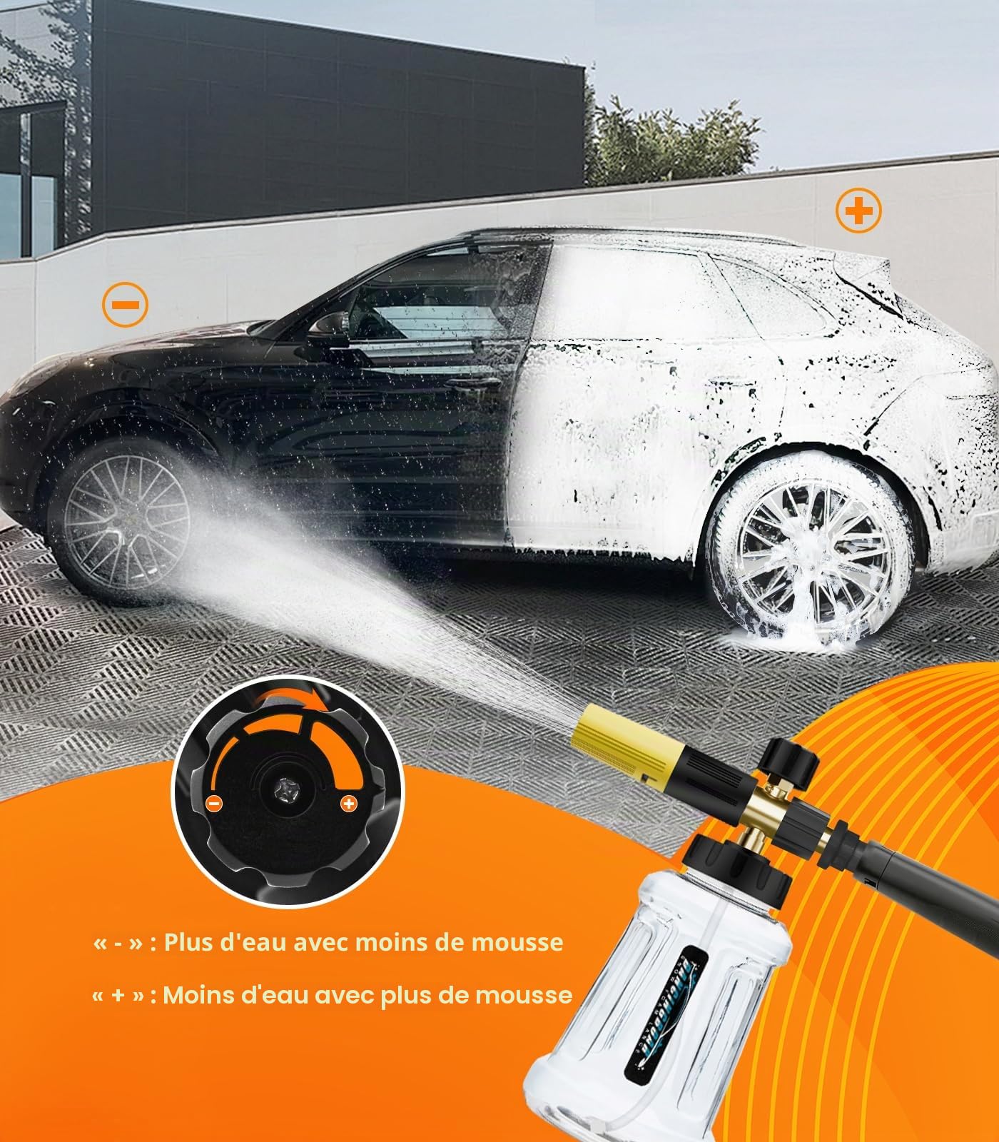 Canon a Mousse Amélioré pour Nettoyeur Haute Pression Karcher K Series K2 K3 K4 K5 K6 K7, Canon à mousse de Neige 1L avec Buse de Pulvérisation Réglable (Noir et Jaune)