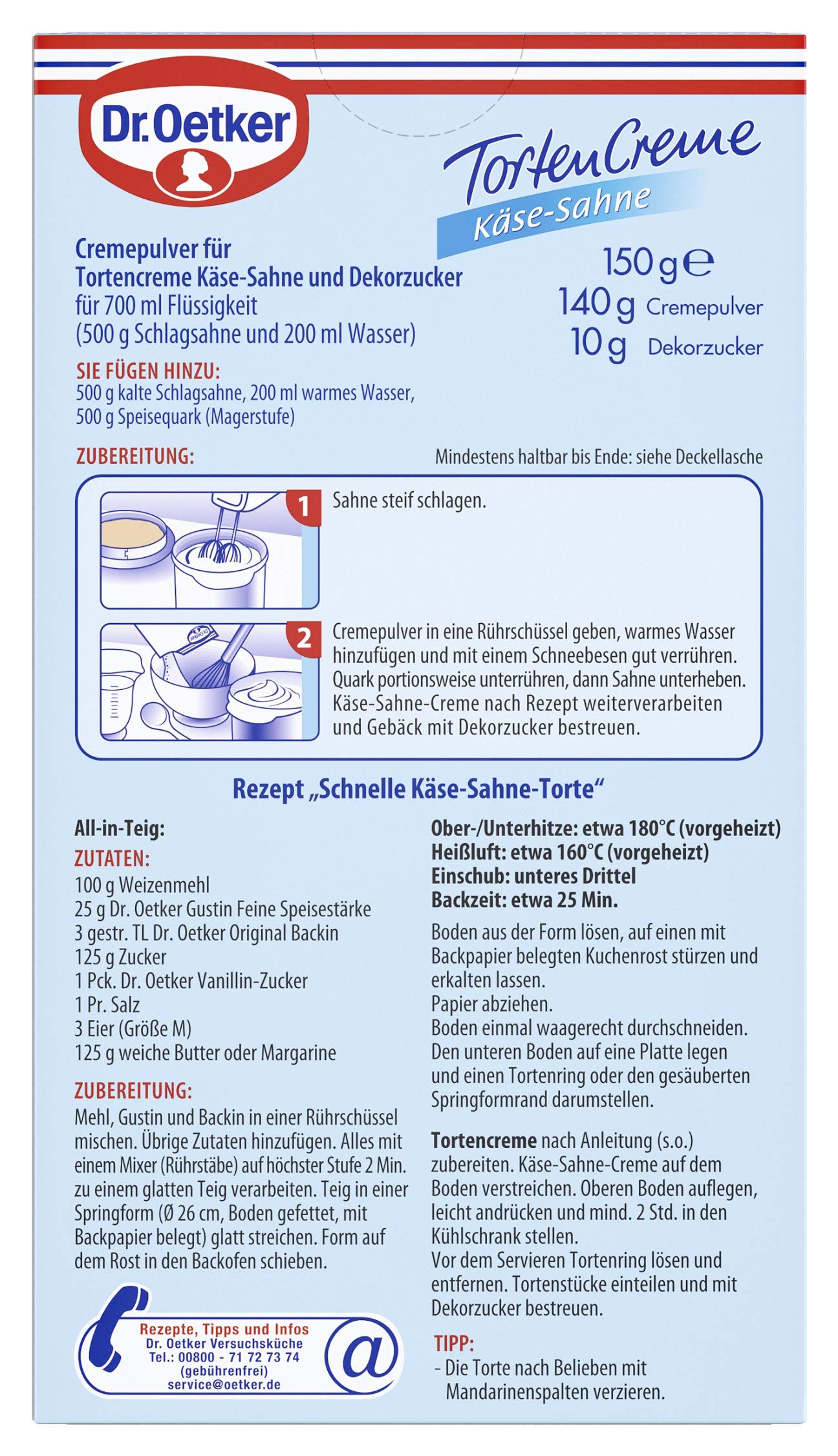 Dr. Oetker Tortencreme Käse-Sahne mit Dekorzucker 11 x 150 g – Ein echter Klassiker ist die Käse-Sahne Torte, die mit der Creme einfach zu backen ist und Dank der Dr. Oetker Tortencreme Käse-Sahne mit Dekorzucker köstlich schmeckt.