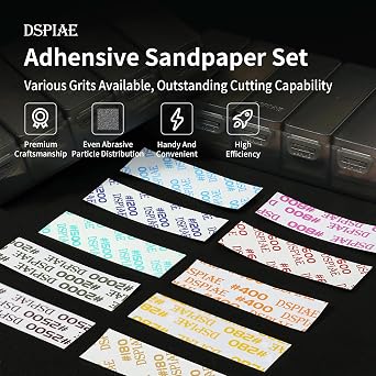 DSPIAE Combo Grit Packs (#400, #800, #1000, #1200, #1500), Pre-Cut self-Adhesive Sandpaper Set 100 PCS
