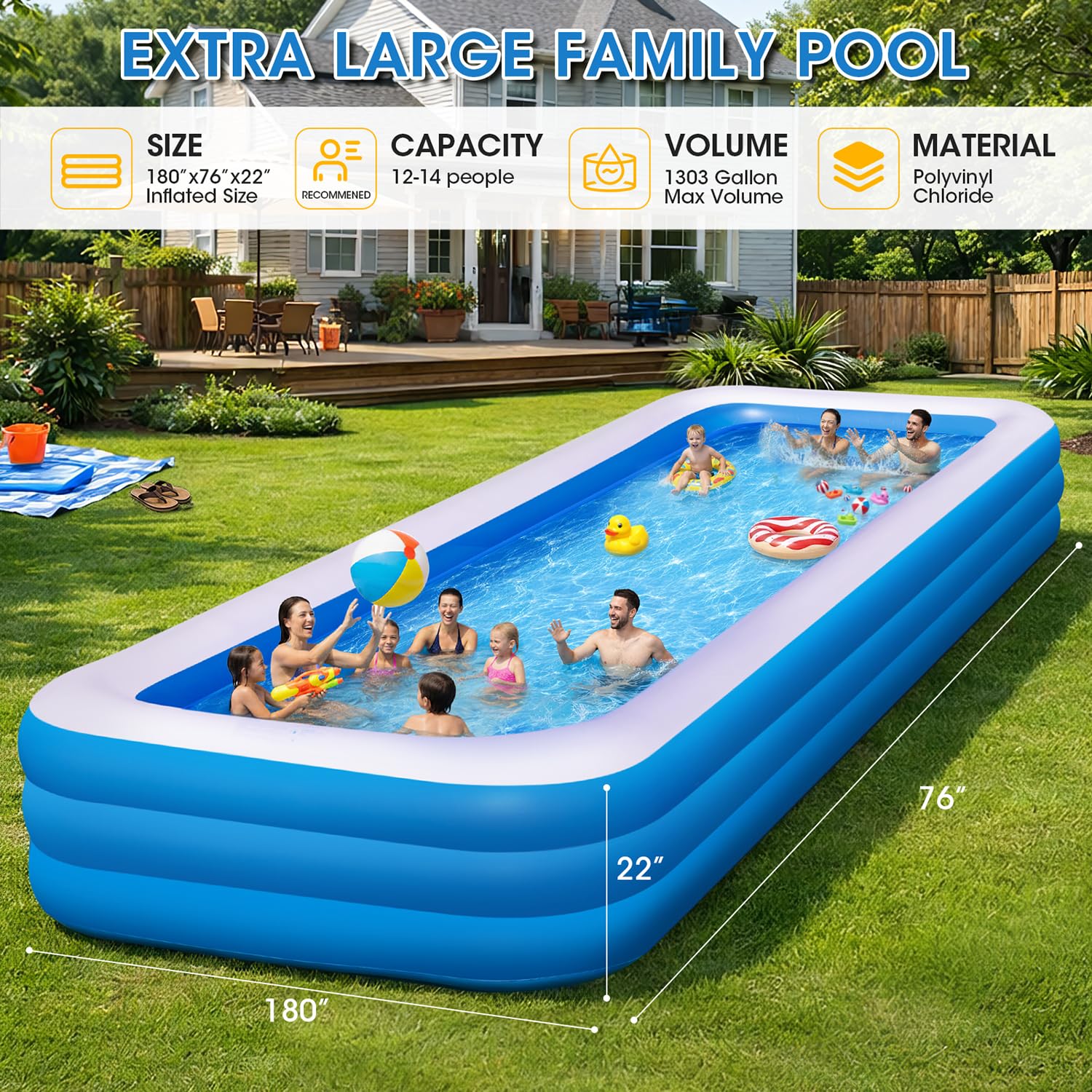 Piscinas inflables extragrandes de 180 x 76 x 22 pulgadas con bomba de aire incluida, piscina inflable de 1303 galones para familias adultas, piscina resistente sobre el suelo para fiesta de verano en