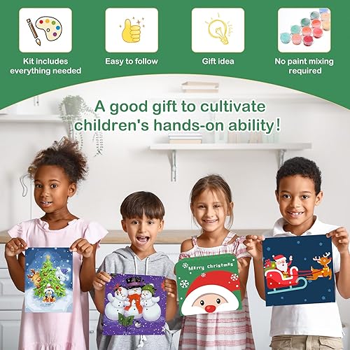 Miniatura 6 de Kosiz Paquete de 10 pinturas por números para niños, 8 x 8 pulgadas, pintura navideña por números para adultos, pintura al óleo de Papá Noel, kits