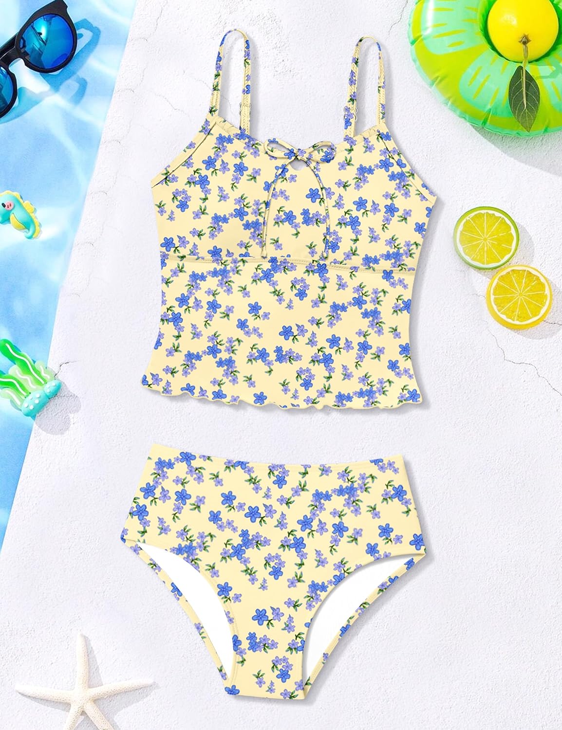 Girls Tankini Swimsuit 2 Piece Bathing Suit Twist Cross Back Cutout Swim Tank Top Floral Print Swimwear for 7-18Y