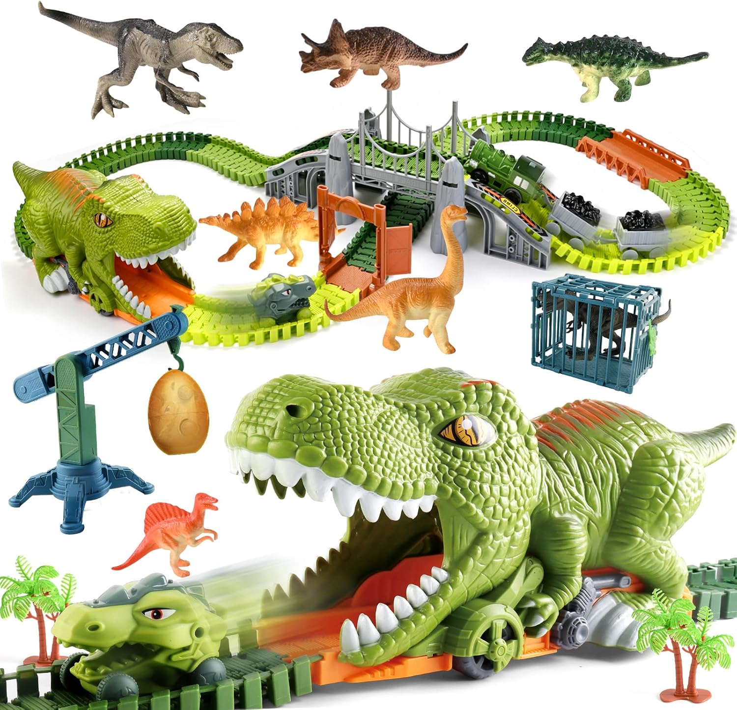 deAO Dinosaur Toys Race Car Track,144 PCS Flexible Train Tracks with 5 Dinosaurs Figures,Electric Race Cars Vehicle Playset Dinosaur Toy Train Set Tracks for Boys Girls Kids (Classic Edition)