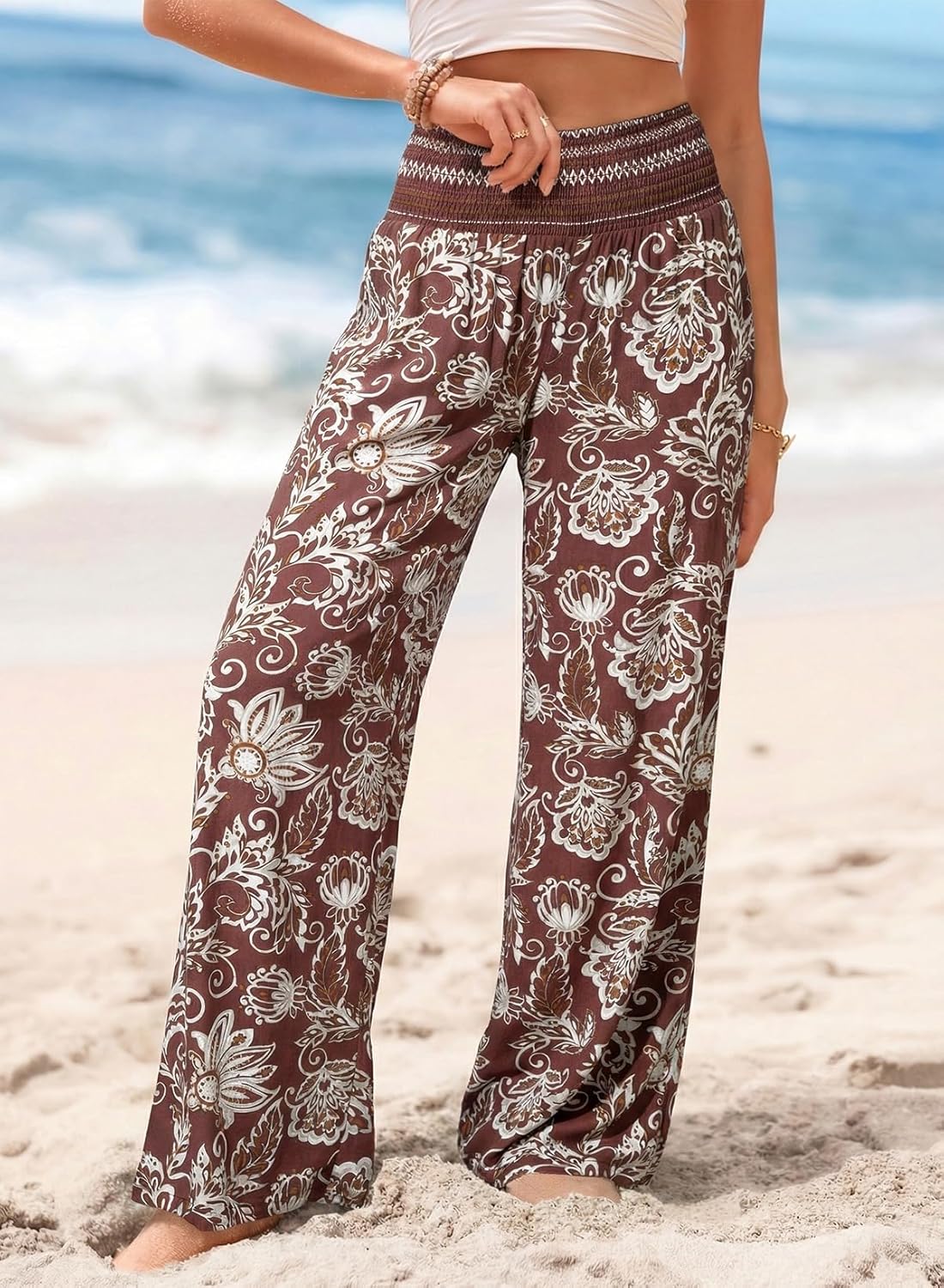 Dokotoo Women's Summer Boho Floral Bagyy Pants Wide Leg High Smocked Waist Casual Loose Palazzo Pants with Pocket - Image 5