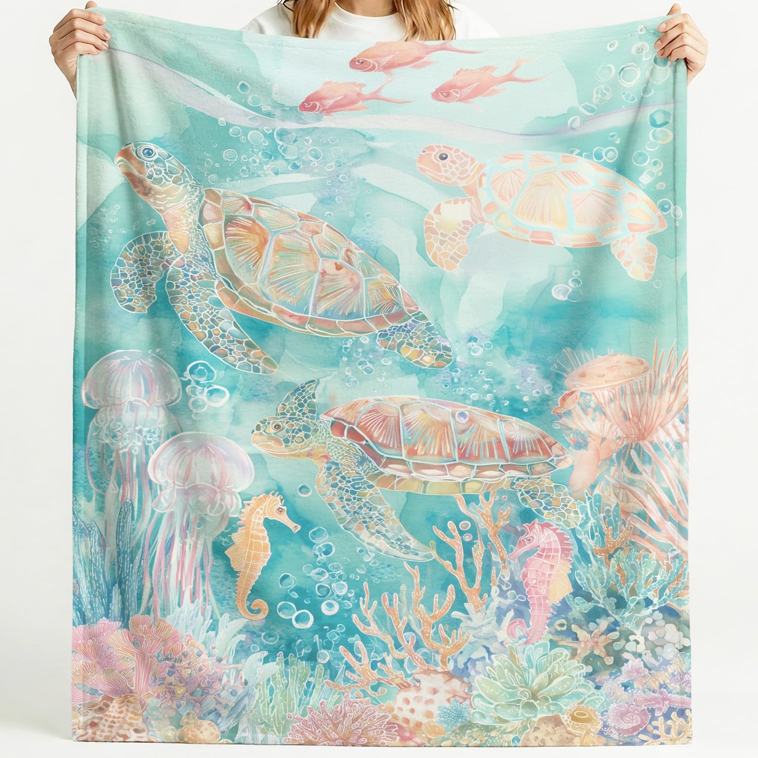 Koc dziecięcy do przytulania 150 cm x 180 cm, z fantazją, świeży, spokojny, elegancki, natura, podwodny świat zwierząt, polar, ciepły i miękki, flanelowy koc na łóżko, sofę, dla młodzieży