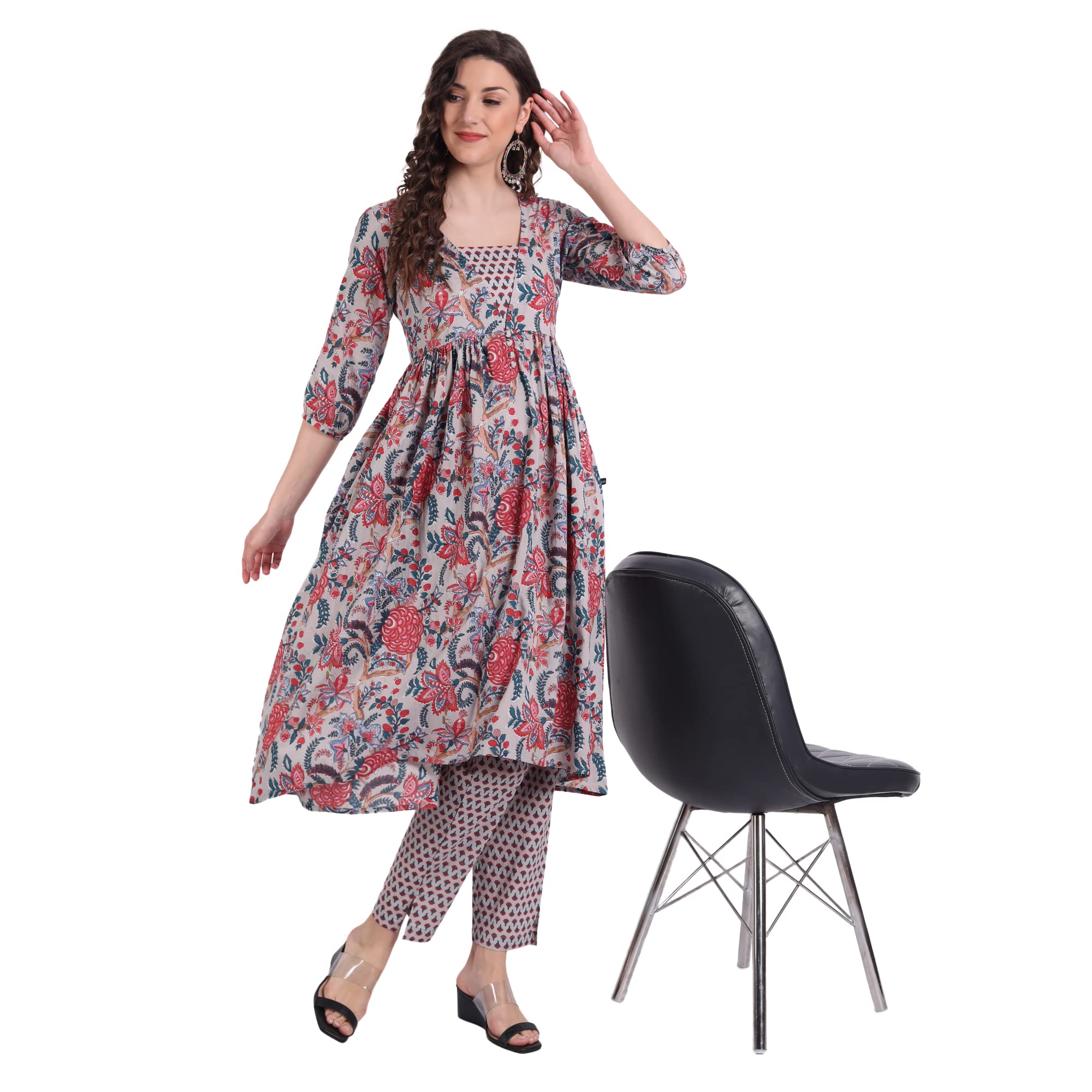 githaanCotton Casual Grey Floral Print Kurta with Pant for Girls and Women in 46 Inch Length