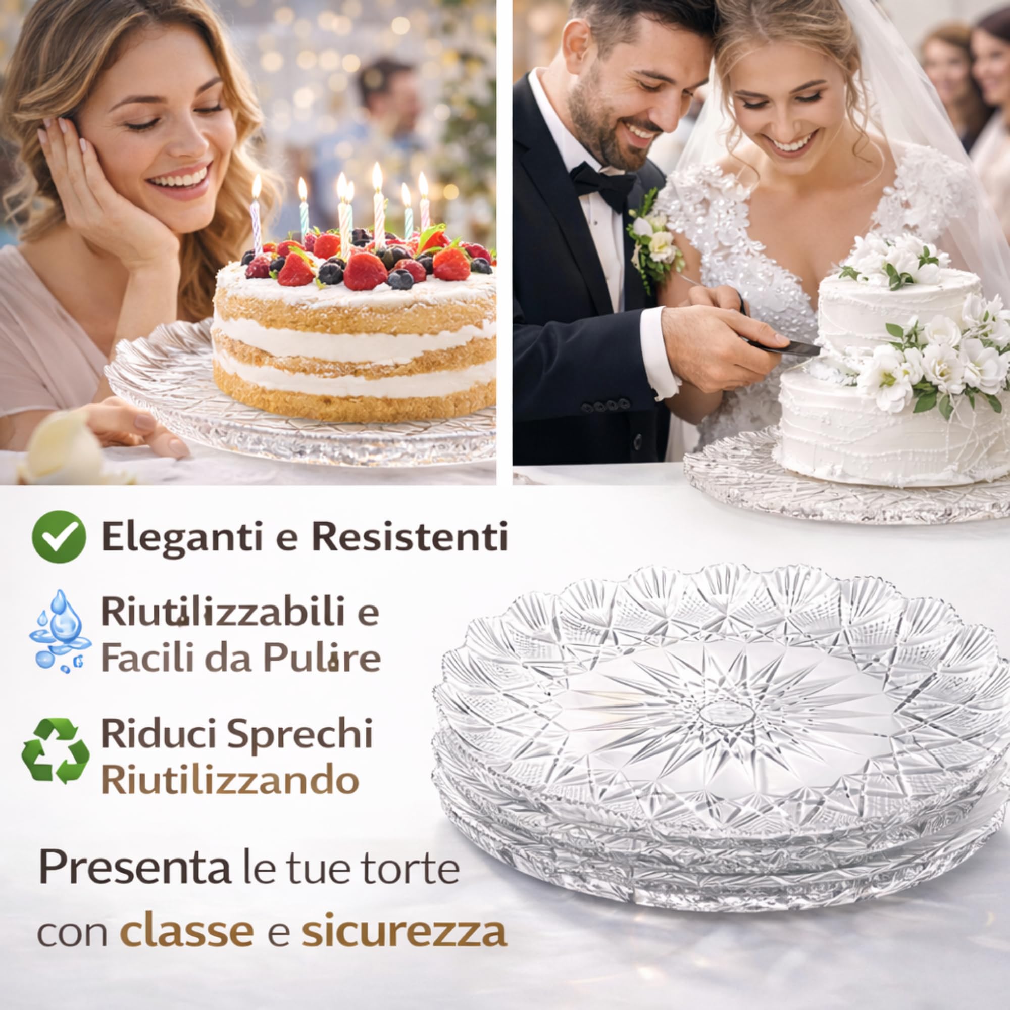 5 Vassoi Porta Torta Rotondi (Ø 33,5 cm) - Trasparenti con Decorazione a Stella in Plastica RESISTENTE e RIUTILIZZABILE - Porta Torte per Pasticceria, Feste, Compleanni, Matrimoni e Altro