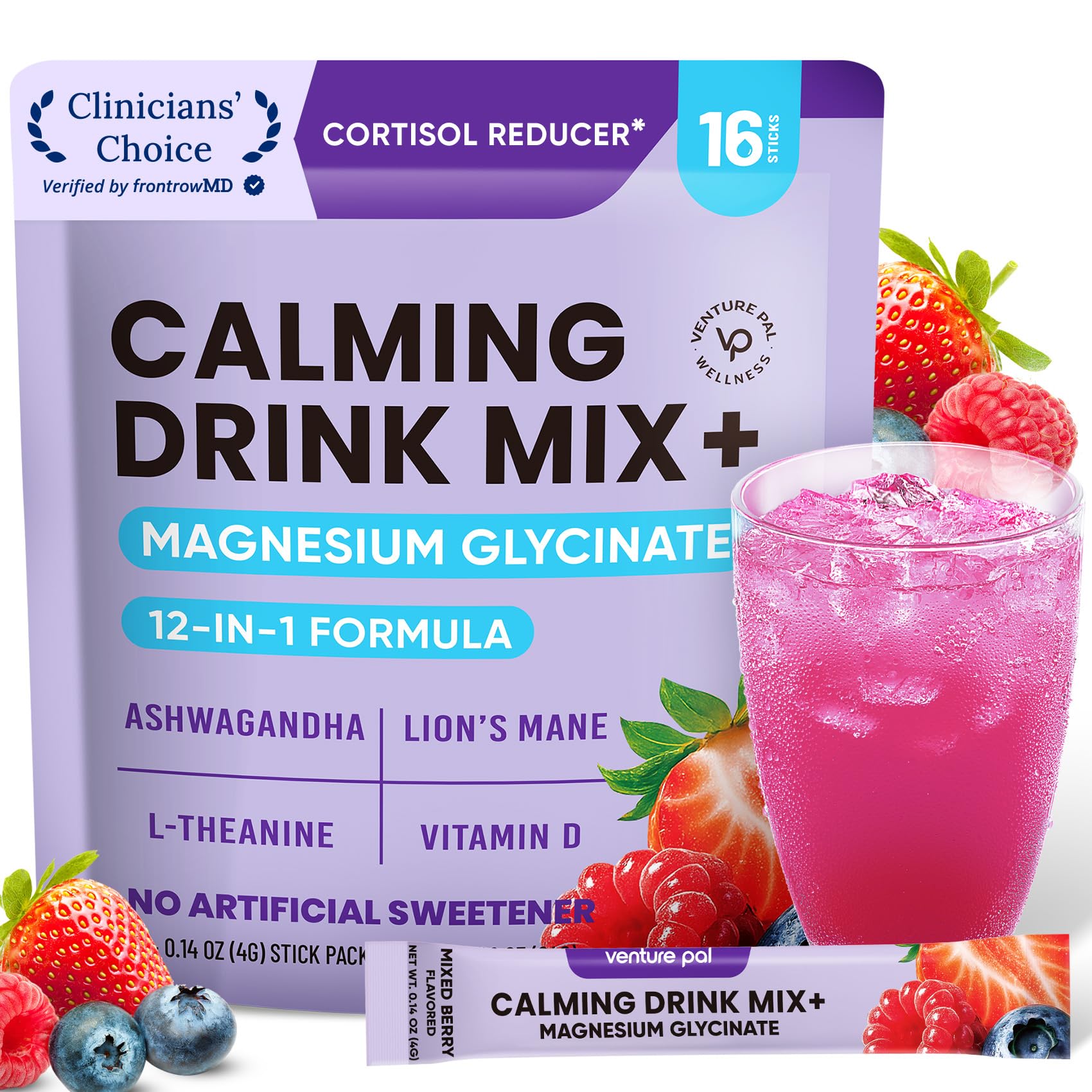 Calm Drink Mix, Cortisol Reducer and Sleep Aid with Magnesium Glycinate, Ashwagandha, L-Theanine,Vitamin D, Calm Magnesium Powder for Relax & Focus, No Sugar, Non GMO, Vegan & Gluten-Free