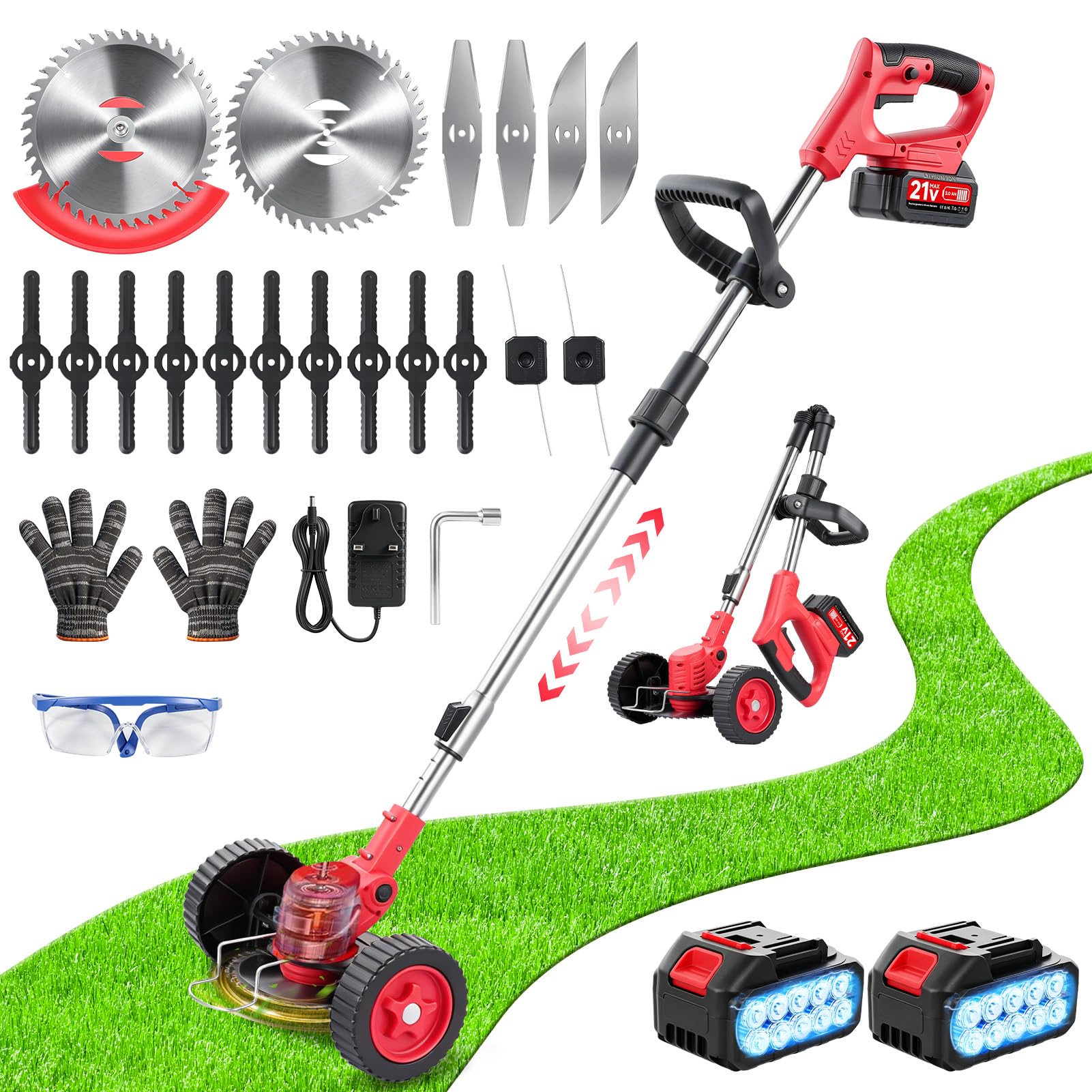 Grass Trimmer Cordless with Wheels 21V-2×2400mAh Batts & 880W Motor,Strimmer Cordless Adj Shaft 43.9-54.13in,90° Fold,Lawnmower 4-in-1 Metal Blades,Strimmer Lightweight Dual Safety Garden Edge