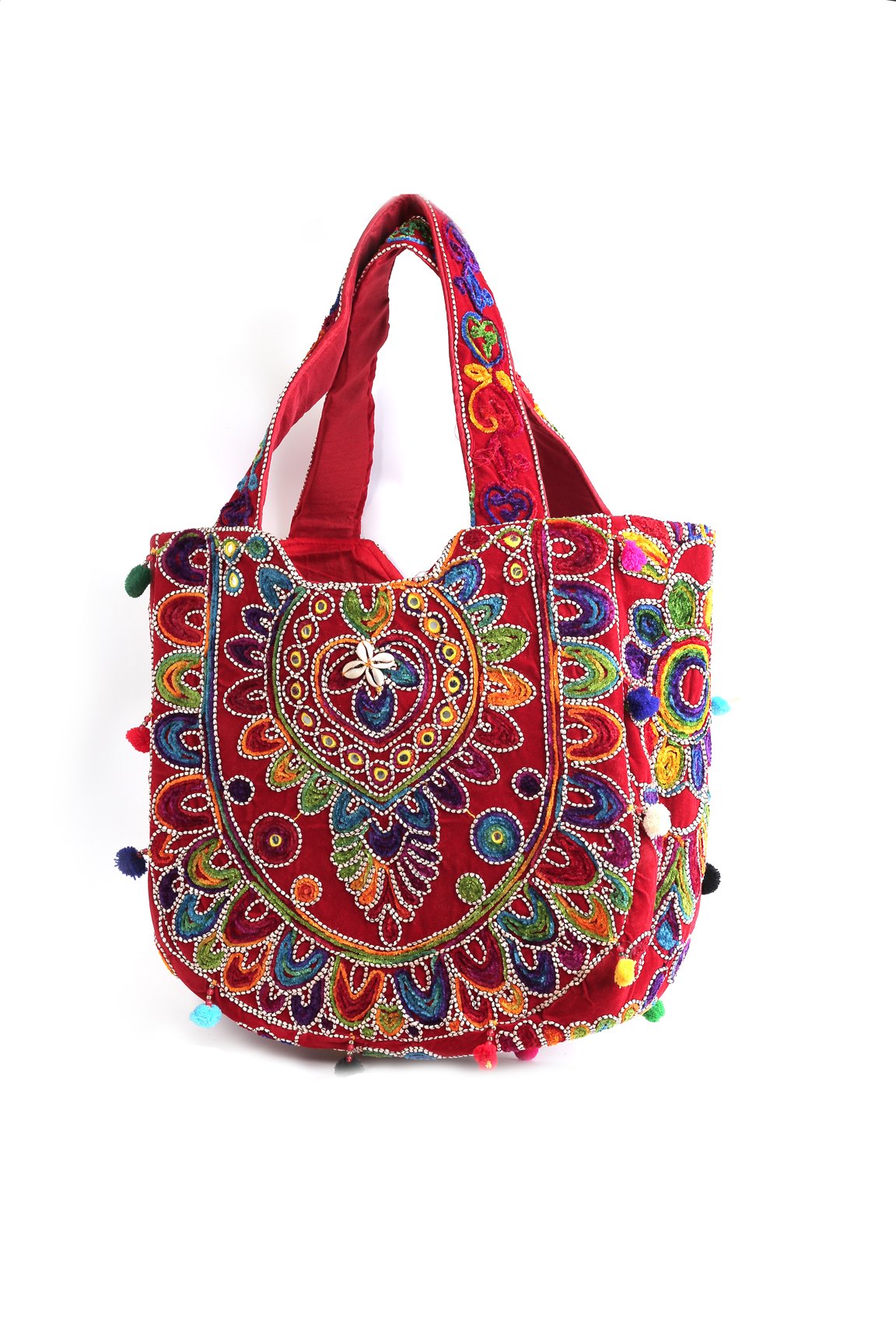 14"x 15" Top handle Handmade Embroidered Hippie Tote Hand Bags For Women(Red)